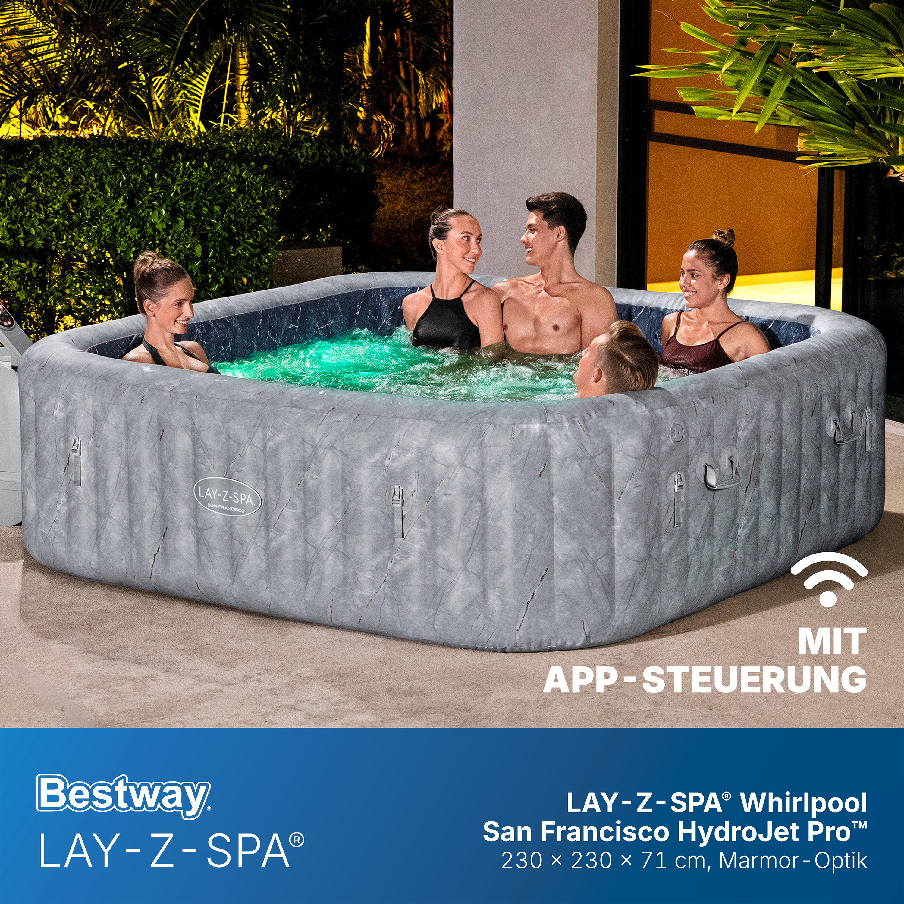 LAY-Z-SPA® WLAN-Whirlpool San Francisco HydroJet Pro™ mit App-Steuerung, für 7 Personen 230 x 230 x 71 cm, Marmor-Optik (Samtgrau)