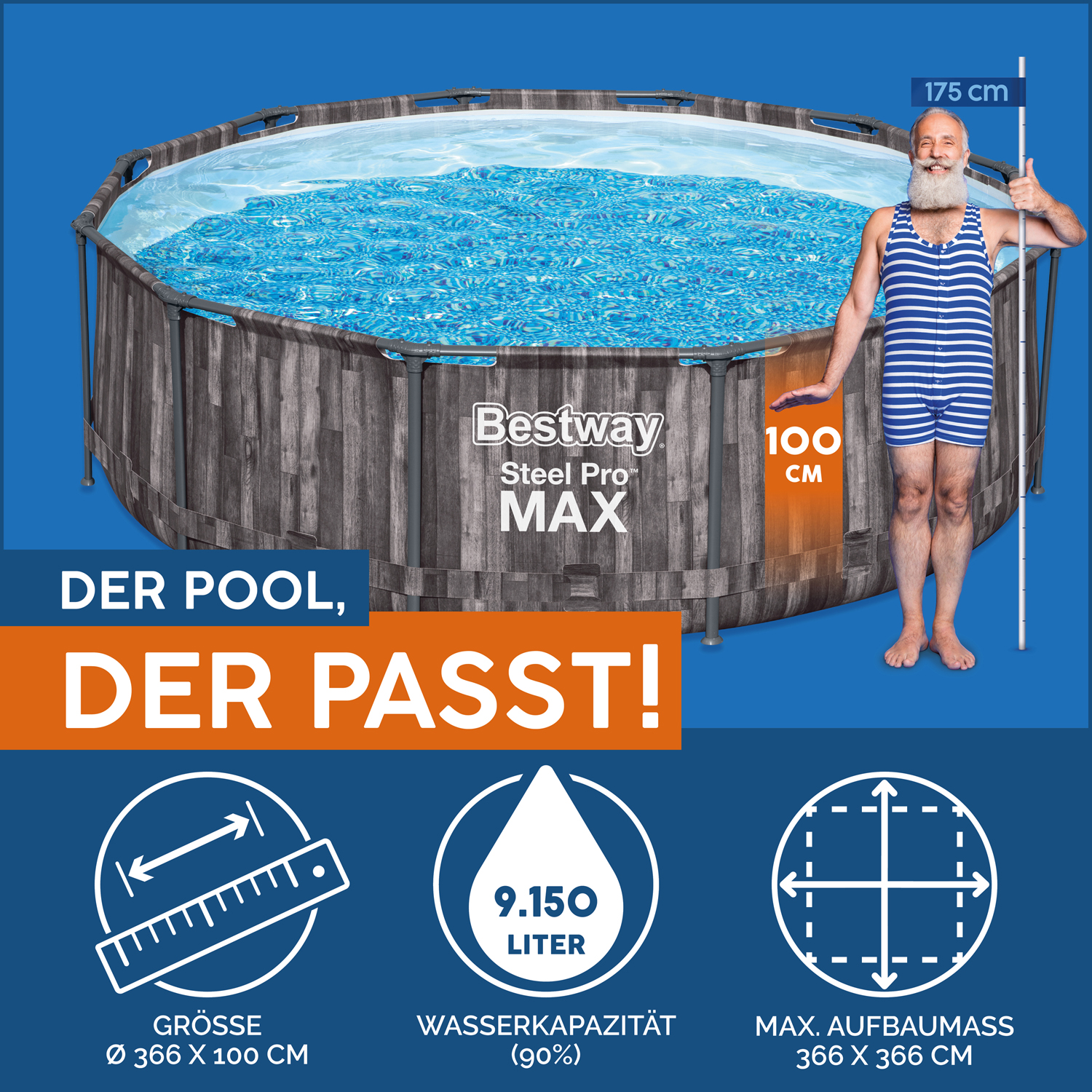 Steel Pro MAX™ Frame Pool-Set mit Filterpumpe Ø 366 x 100 cm, Holz-Optik (Mooreiche), rund