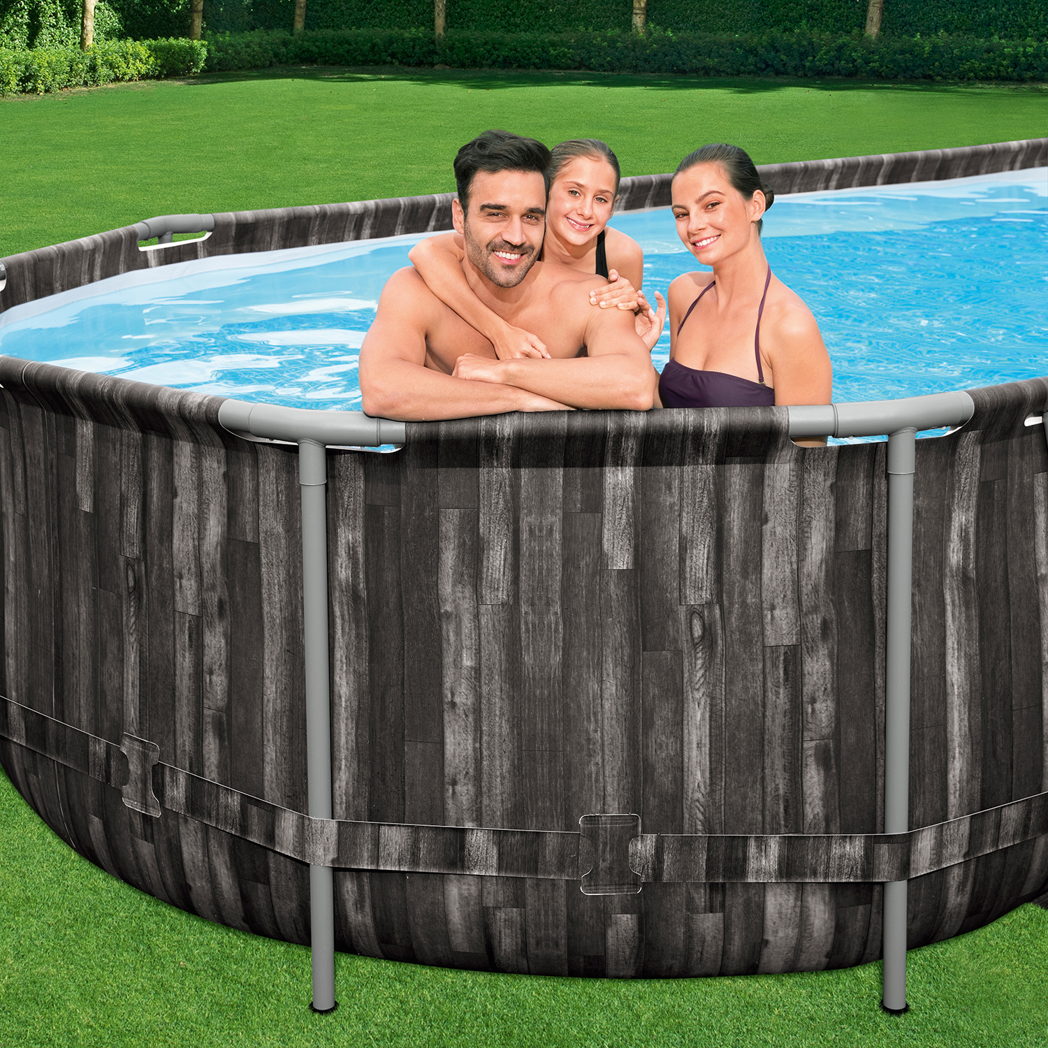 Power Steel™ Frame Pool Komplett-Set mit Filterpumpe 732 x 366 x 122 cm , Holz-Optik (Mooreiche), oval