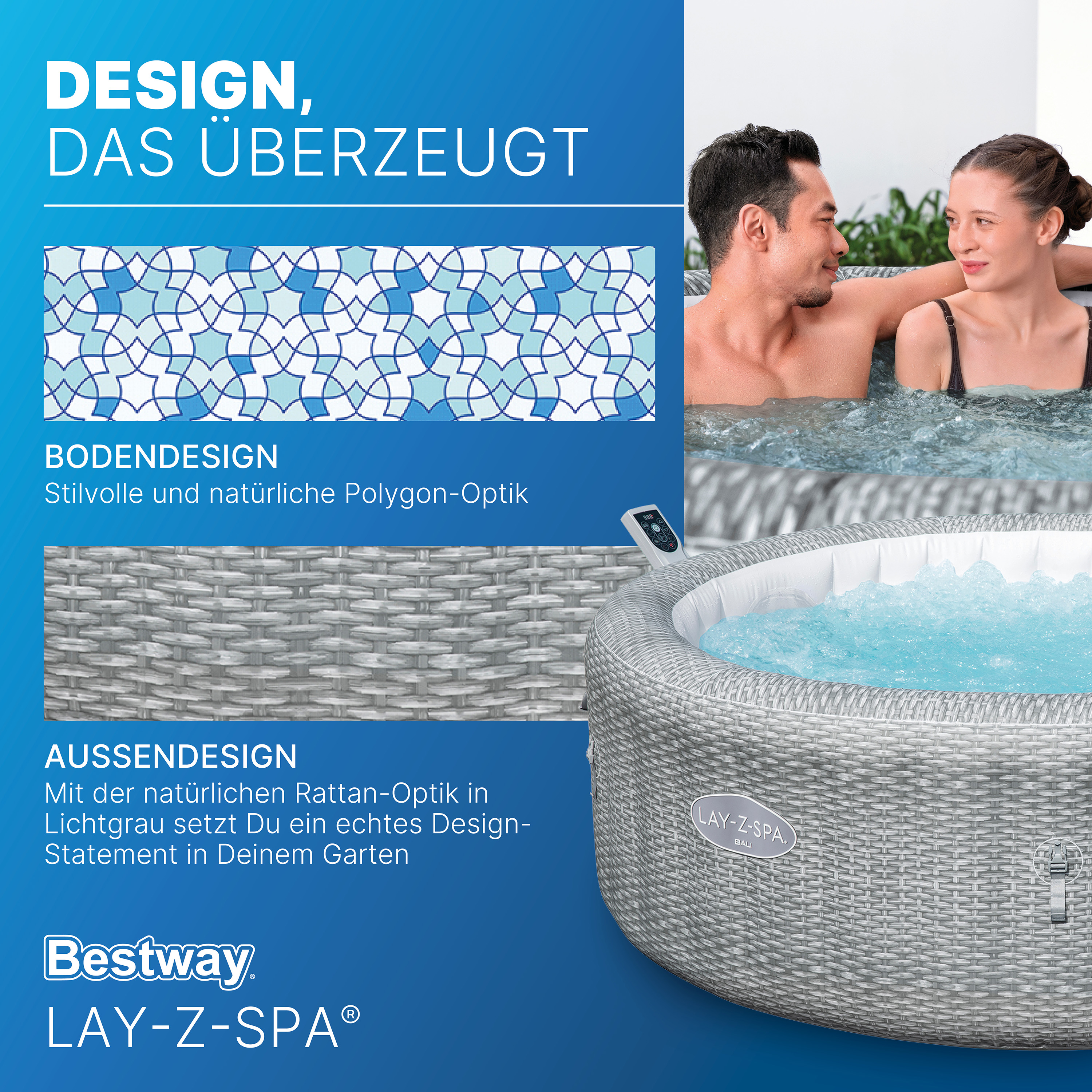 LAY-Z-SPA® Energiespar Whirlpool Bali AirJet™ mit App-Steuerung, Ø 196 x 71 cm, für 6 Personen, Rattan-Optik (Lichtgrau)