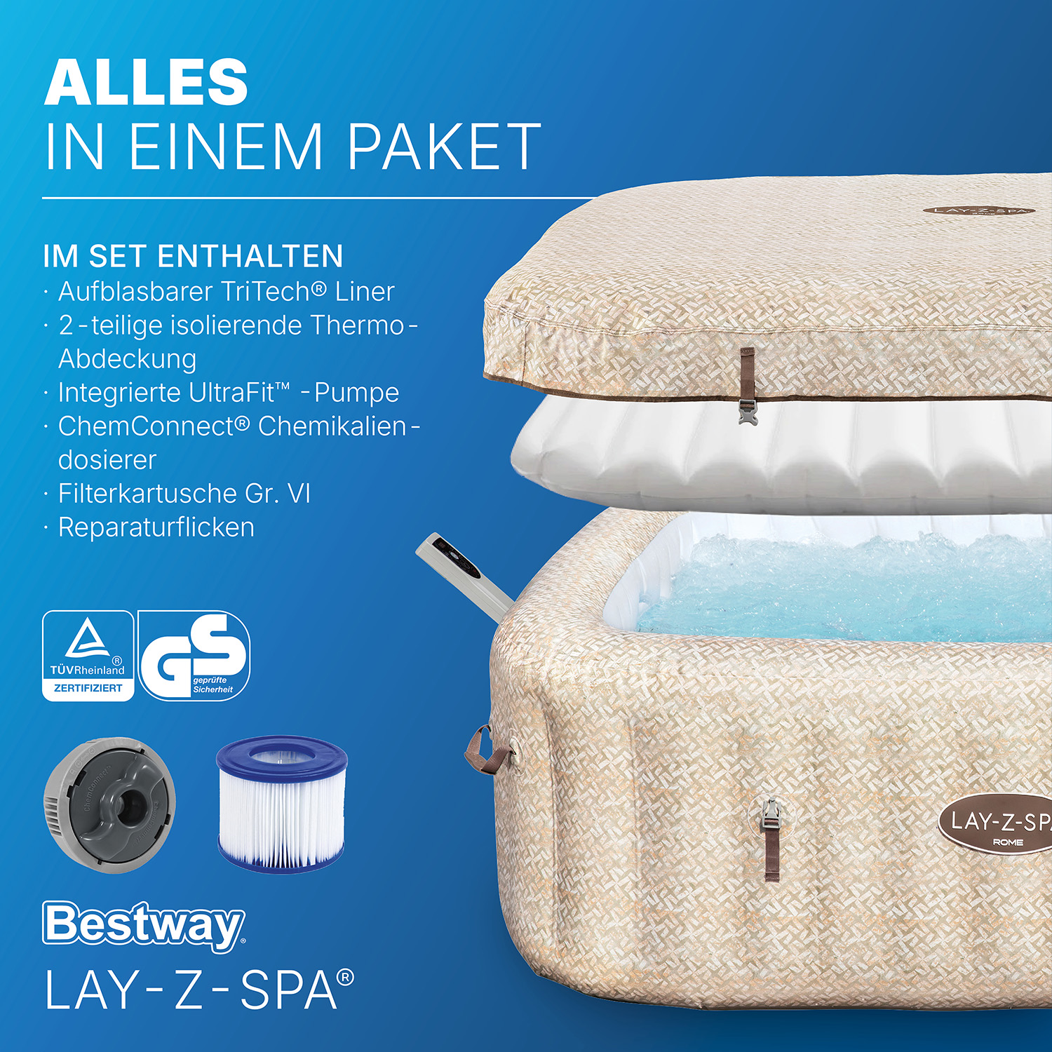 LAY-Z-SPA® Energiespar Whirlpool Rome AirJet™ mit App-Steuerung, für 7 Pers. 201 x 201 x 71 cm, Sandmarmor-Optik