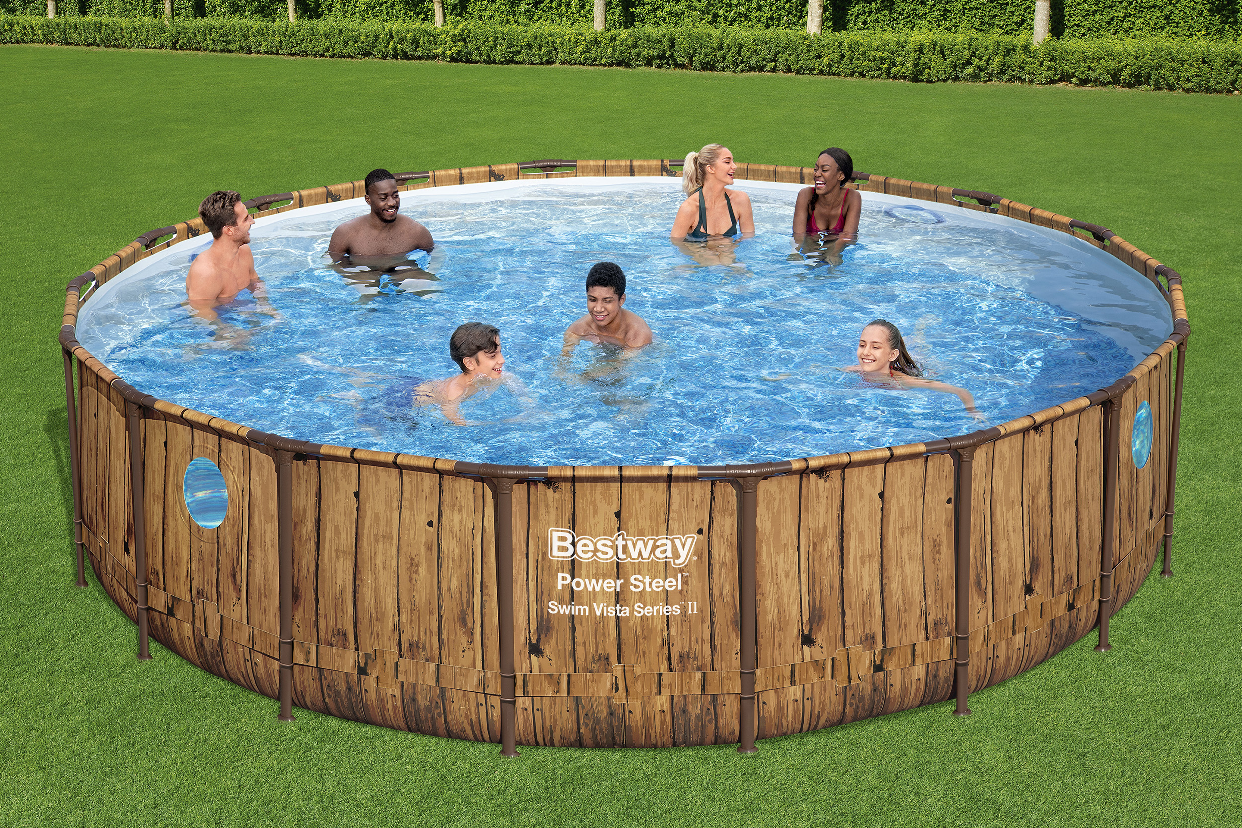 Power Steel™ Swim Vista Series™ Frame Pool Komplett Set mit Filterpumpe Ø 549 x 122 cm, Holz-Optik (Pinie), rund