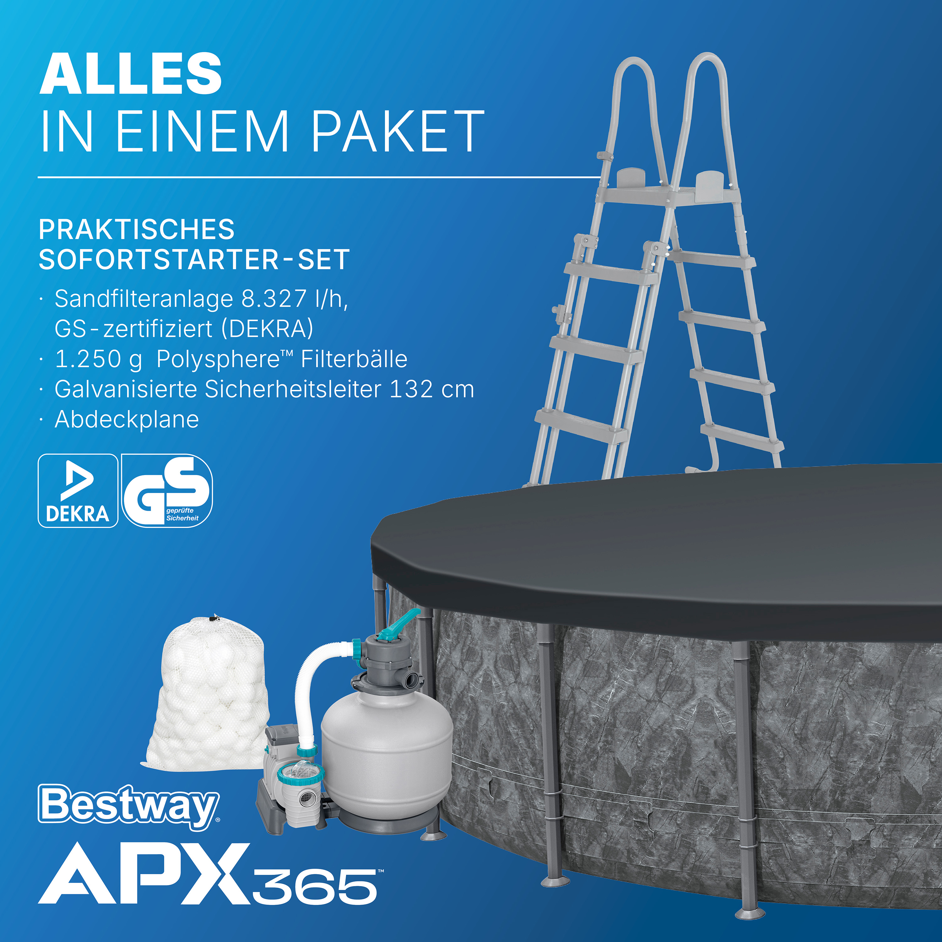 APX365™ Winterfestes Frame Pool Komplett Set mit Sandfilteranlage Ø 671 x 132 cm, Marmor-Optik (Dunkel), rund