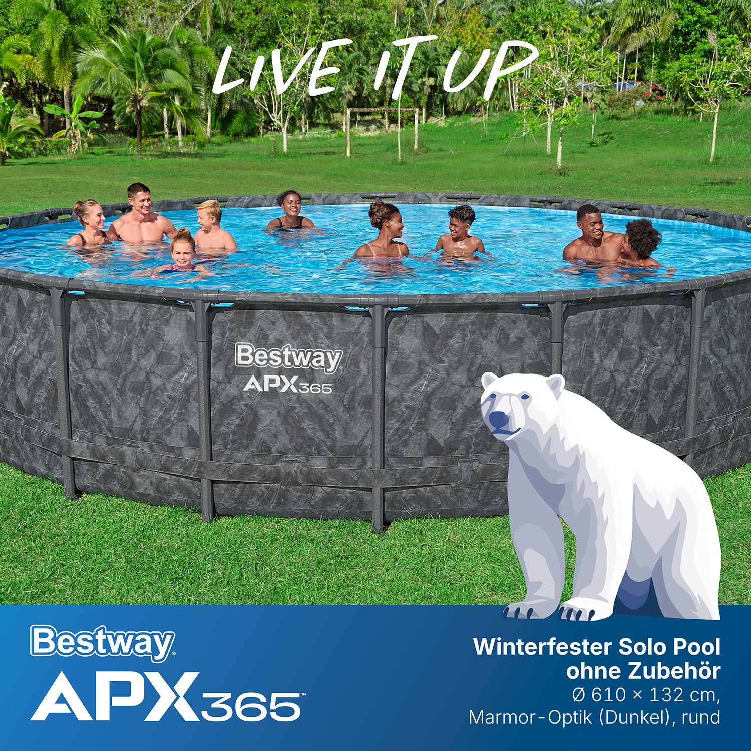 APX365™ Winterfester Solo Pool ohne Zubehör Ø 610 x 132 cm, Marmor-Optik (Dunkel), rund APX365™ Winterfester Solo Pool ohne Zubehör Ø 610 x 132 cm, Marmor-Optik (Dunkel), rund