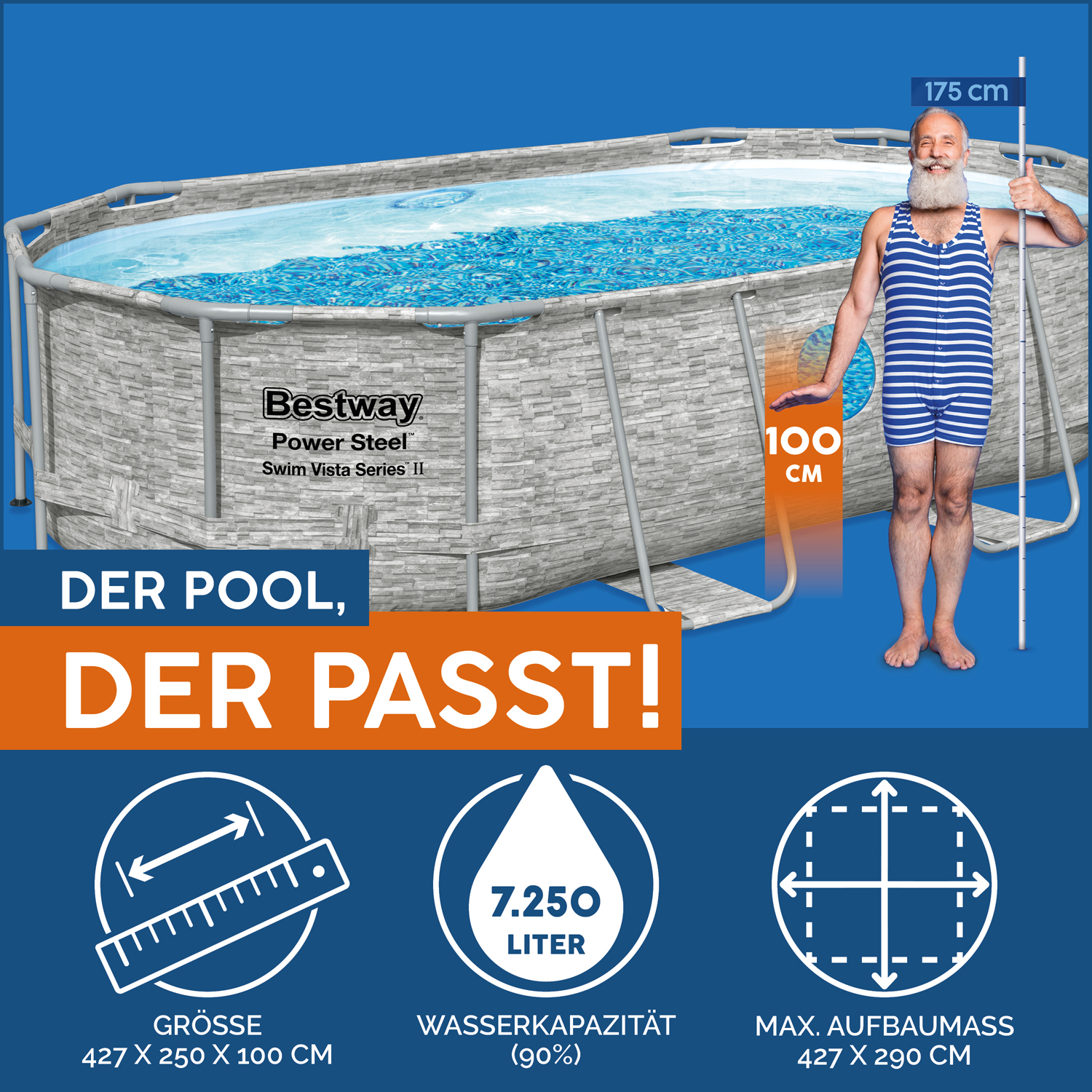Power Steel™ Swim Vista Series™ Frame Pool Komplett-Set mit Filterpumpe 427 x 250 x 100 cm, Steinwand-Optik (Cremegrau), oval