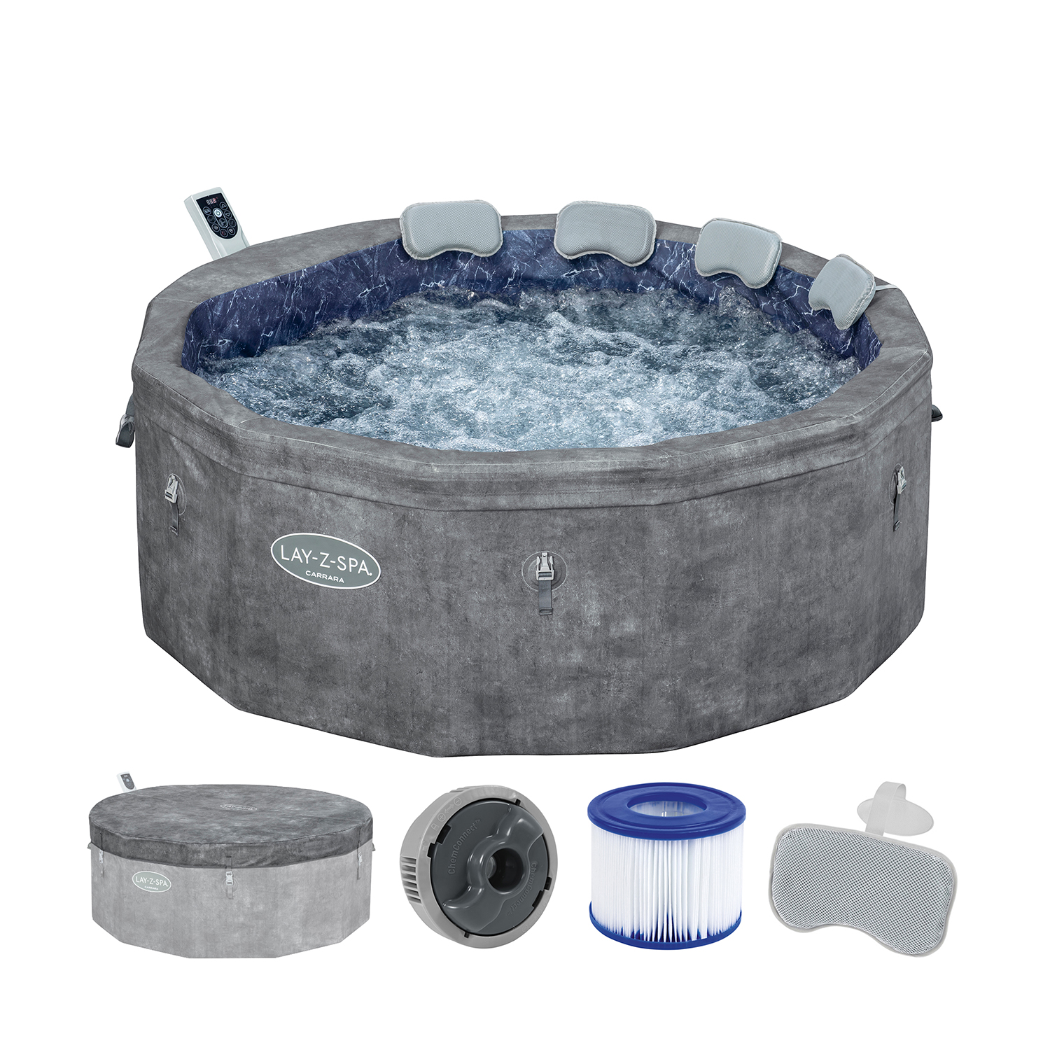 LAY-Z-SPA® Whirlpool Carrara AirJet™ mit App-Steuerung, Schaumstoffpaneele, für 6 Personen, Ø 170 x 65 cm, Alabaster-Optik