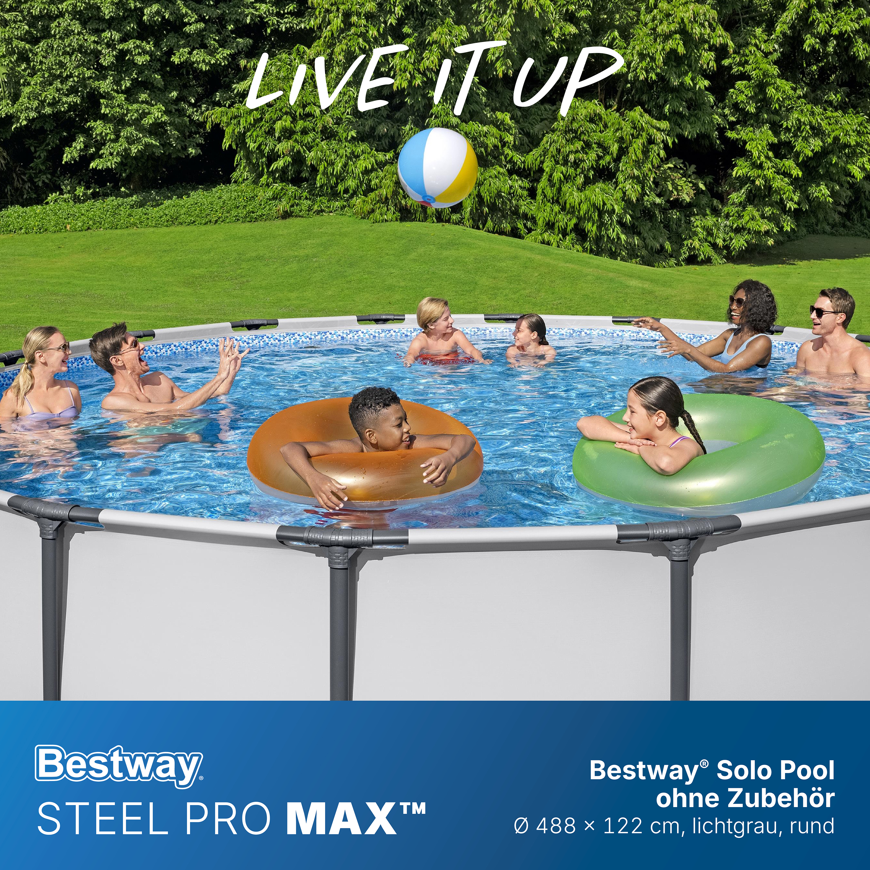 Steel Pro MAX™ Solo Pool ohne Zubehör Ø 488 x 122 cm, lichtgrau, rund Steel Pro MAX™ Solo Pool ohne Zubehör Ø 488 x 122 cm, lichtgrau, rund