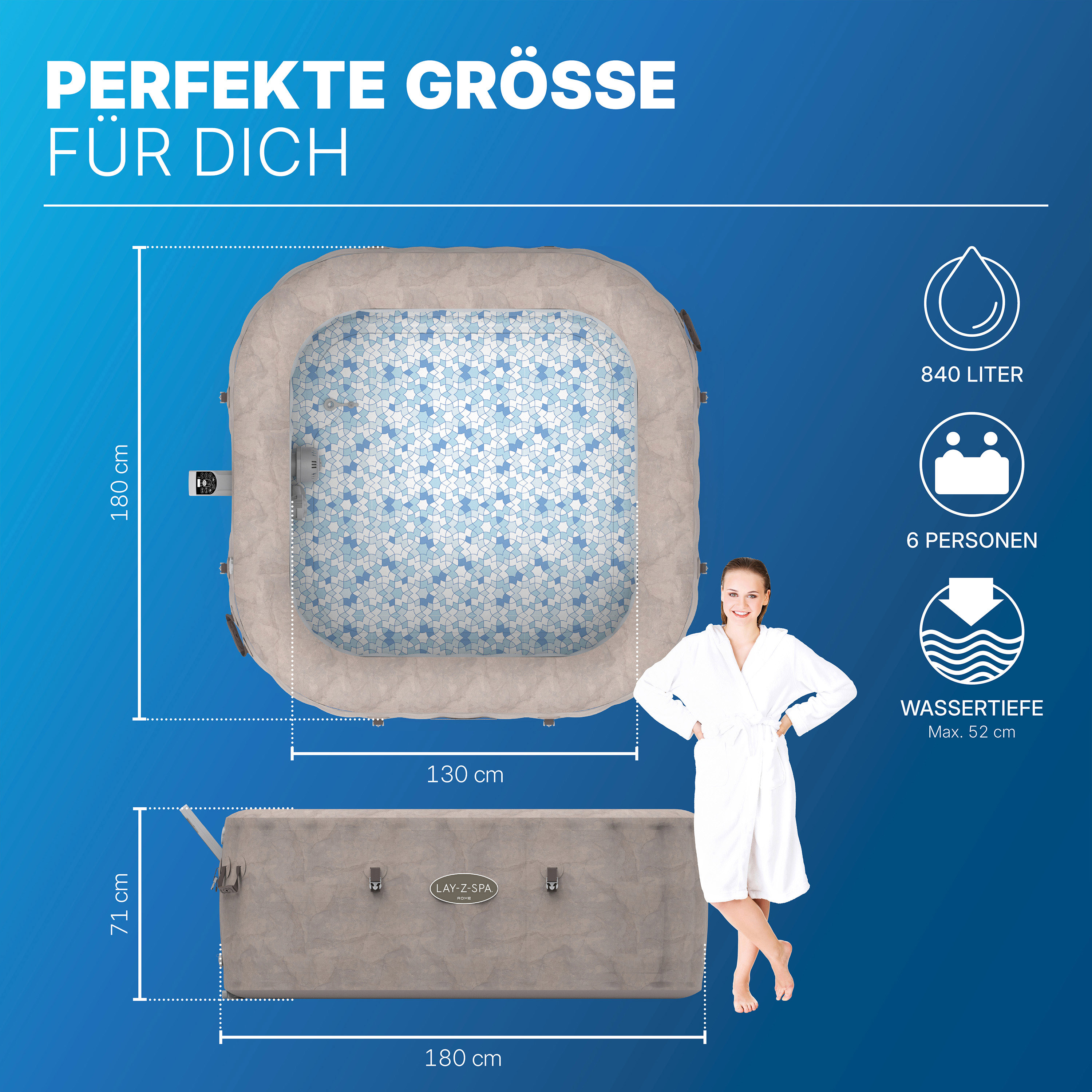 LAY-Z-SPA® WLAN-Whirlpool Rome AirJet™ mit App-Steuerung, für 6 Personen, 180 x 180 x 71 cm, Marmor-Optik (Braun)