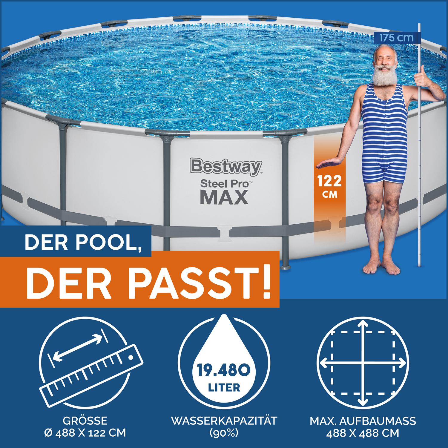 Steel Pro MAX™ Frame Pool Komplett-Set mit Filterpumpe Ø 488 x 122 cm , lichtgrau, rund