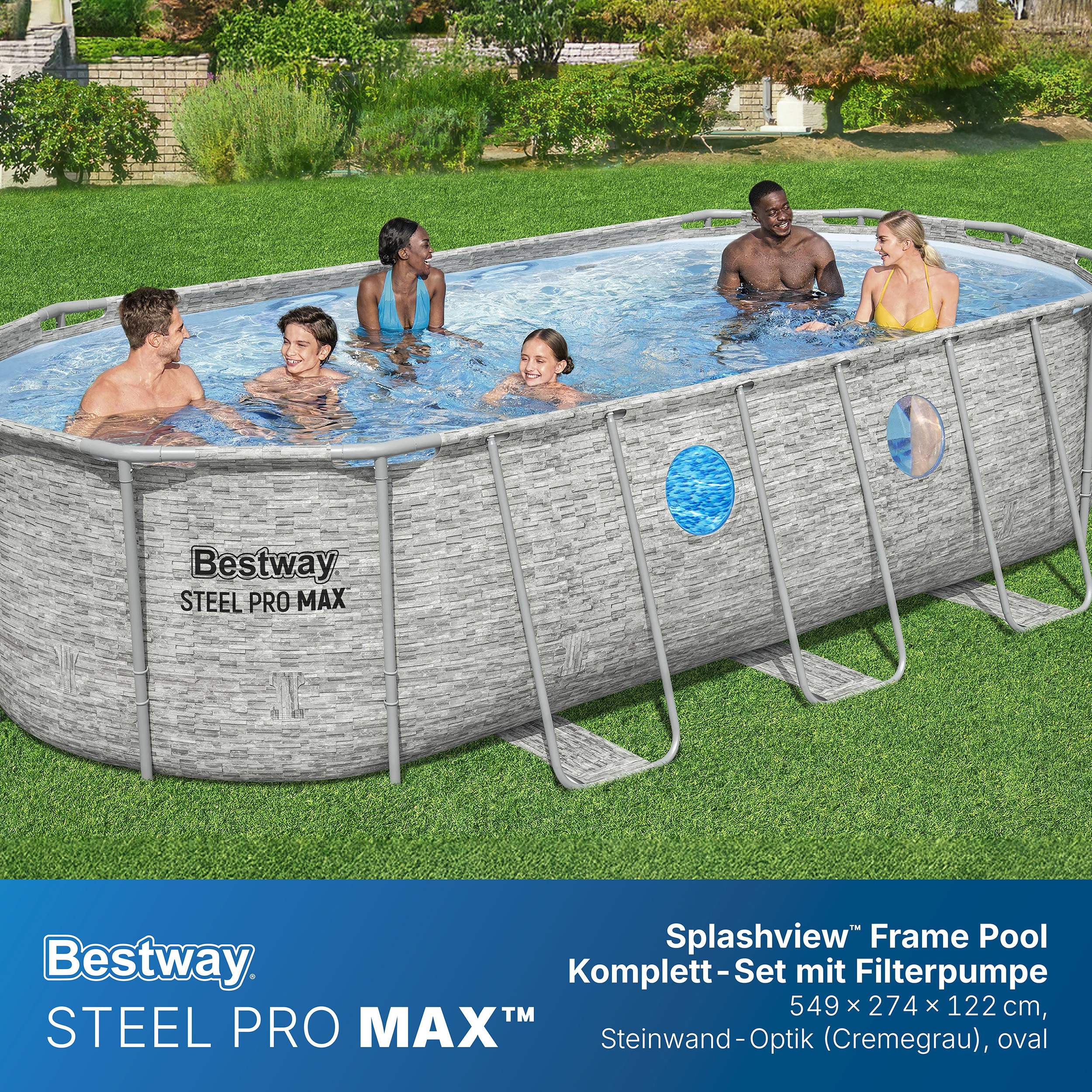 Steel Pro MAX™ Splashview™ Frame Pool Komplett Set mit Filterpumpe 549 x 274 x 122 cm, Steinwand-Optik (Cremegrau), oval