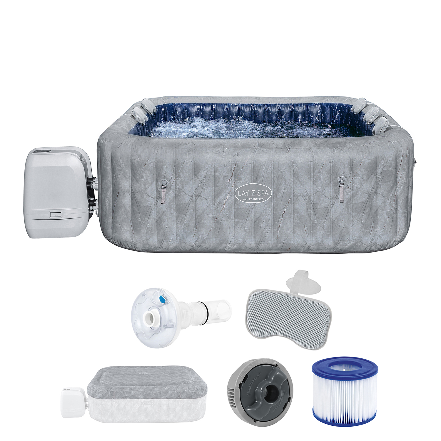 LAY-Z-SPA® Energiespar Whirlpool San Francisco HydroJet Pro™ mit App-Steuerung, für 7 Personen 230 x 230 x 71 cm, Marmor-Optik (Samtgrau)