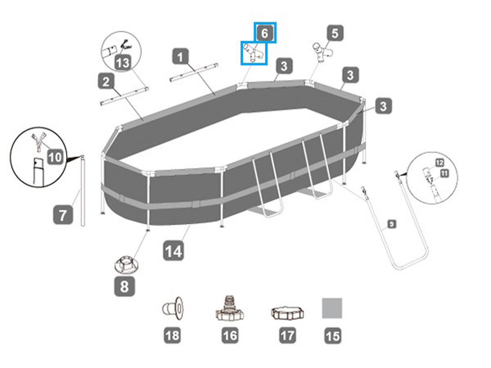 Bestway® Spare Part T-connector F (grey/Seal&Lock System™) for Power Steel™ pool 305x200x84 cm, oval