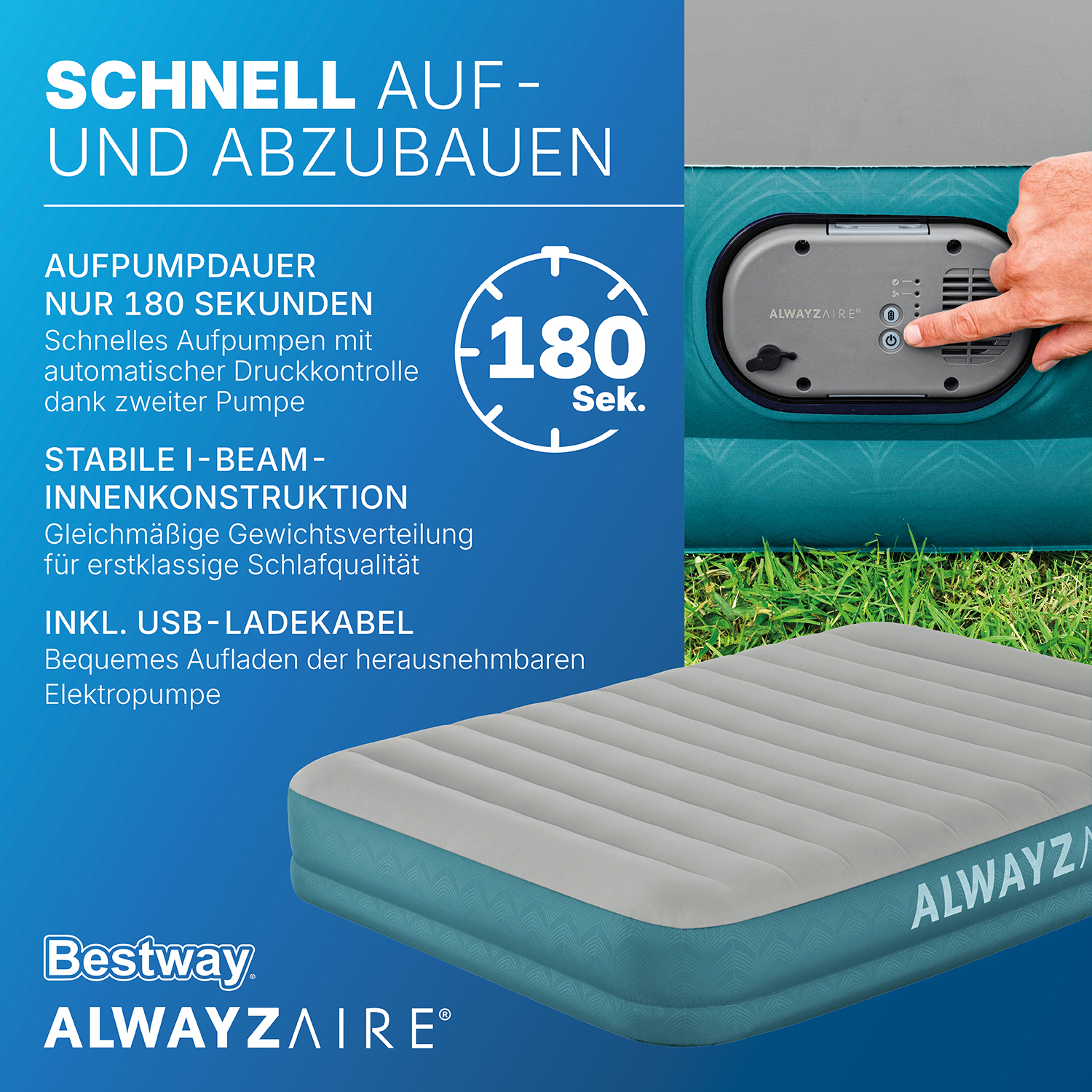 AlwayzAire™ 2-Personen-Luftbett ohne Druckverlust Selbstaufblasend 203 x 152 x 36 cm AlwayzAire™ 2-Personen-Luftbett ohne Druckverlust Selbstaufblasend 203 x 152 x 36 cm