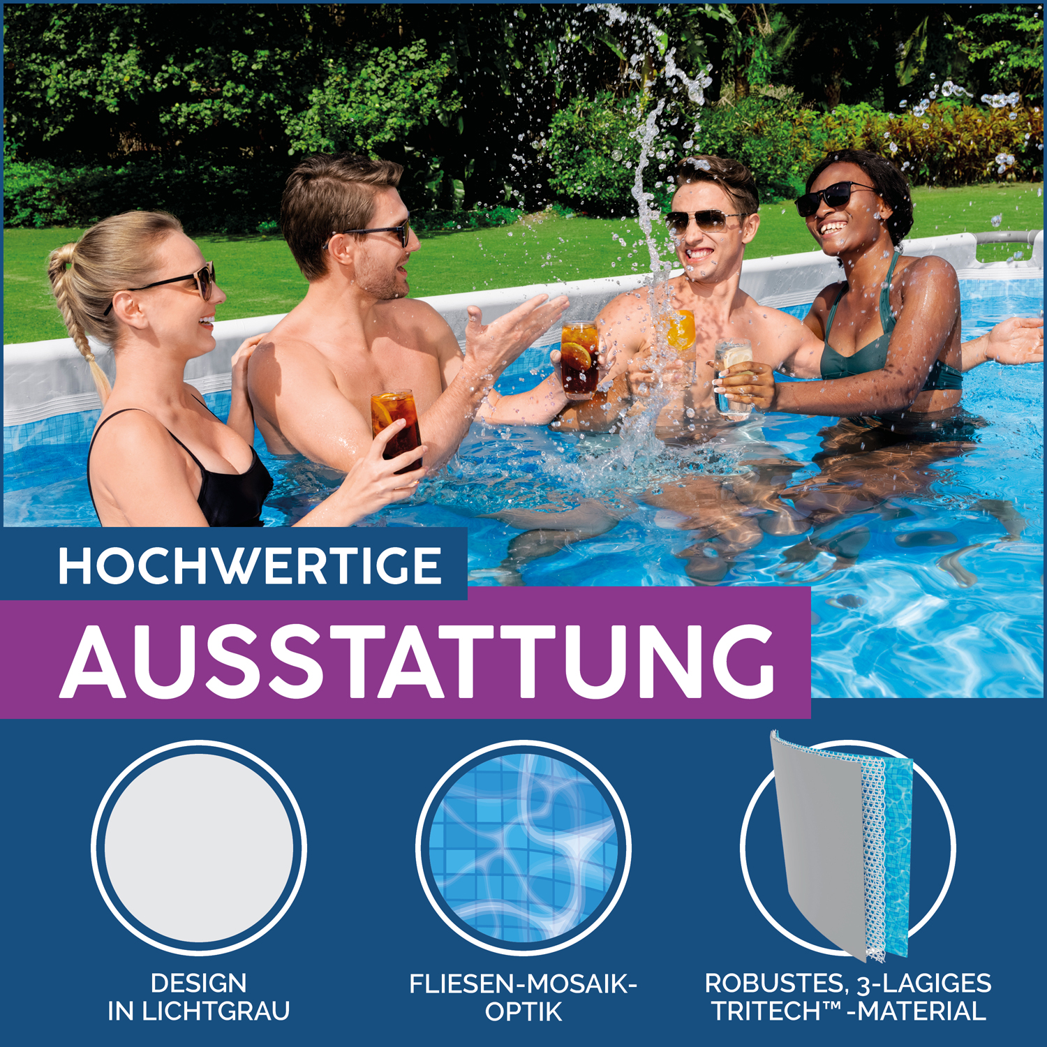 Power Steel™ Frame Pool Komplett Set mit Filterpumpe 488 x 244 x 122 cm, lichtgrau, eckig