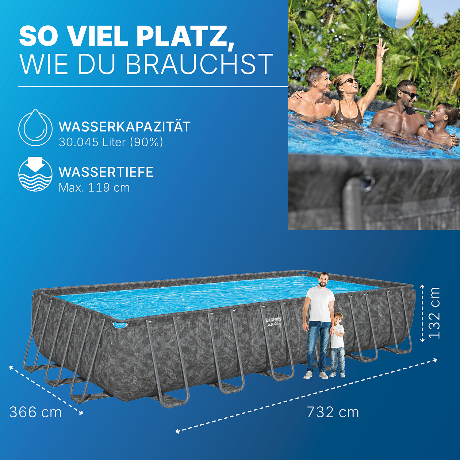 APX365™ Winterfestes Frame Pool Komplett-Set mit Sandfilteranlage 732 x 366 x 132 cm, Marmor-Optik (Dunkel), eckig
