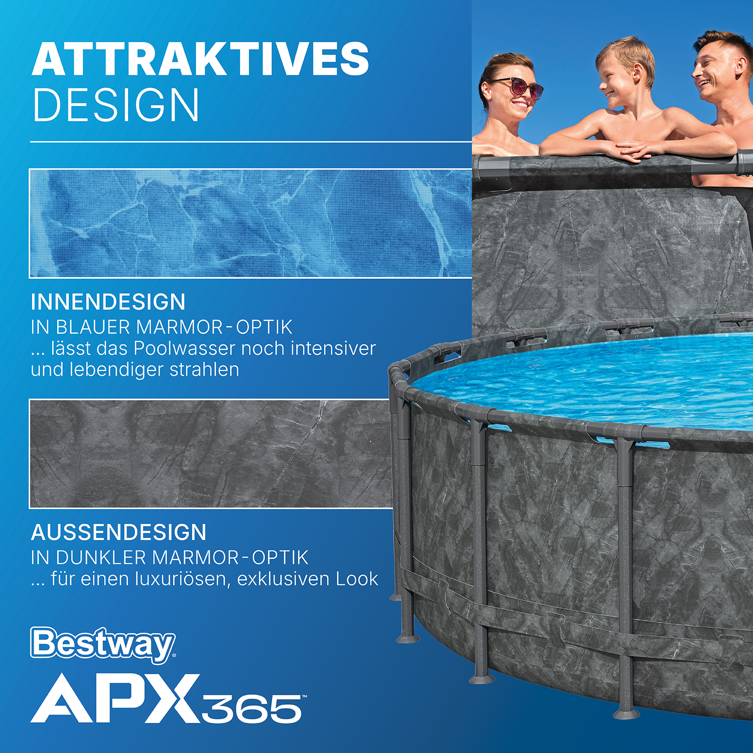 APX365™ Winterfester Solo Pool ohne Zubehör Ø 610 x 132 cm, Marmor-Optik (Dunkel), rund APX365™ Winterfester Solo Pool ohne Zubehör Ø 610 x 132 cm, Marmor-Optik (Dunkel), rund