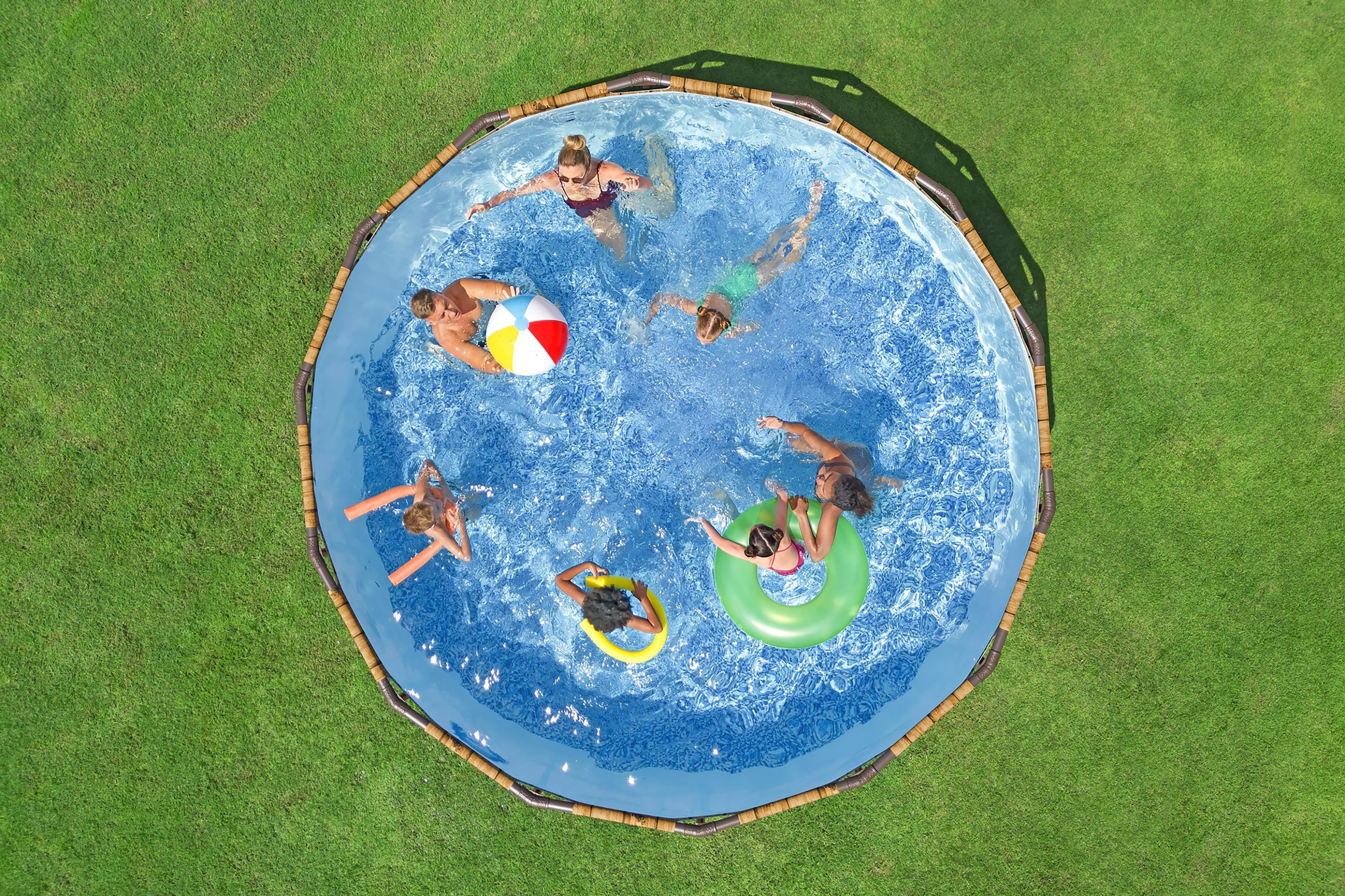 Steel Pro MAX™ Splashview™ Frame Pool Komplett Set mit Filterpumpe Ø 427 x 107 cm, Holz-Optik (Pinie), rund
