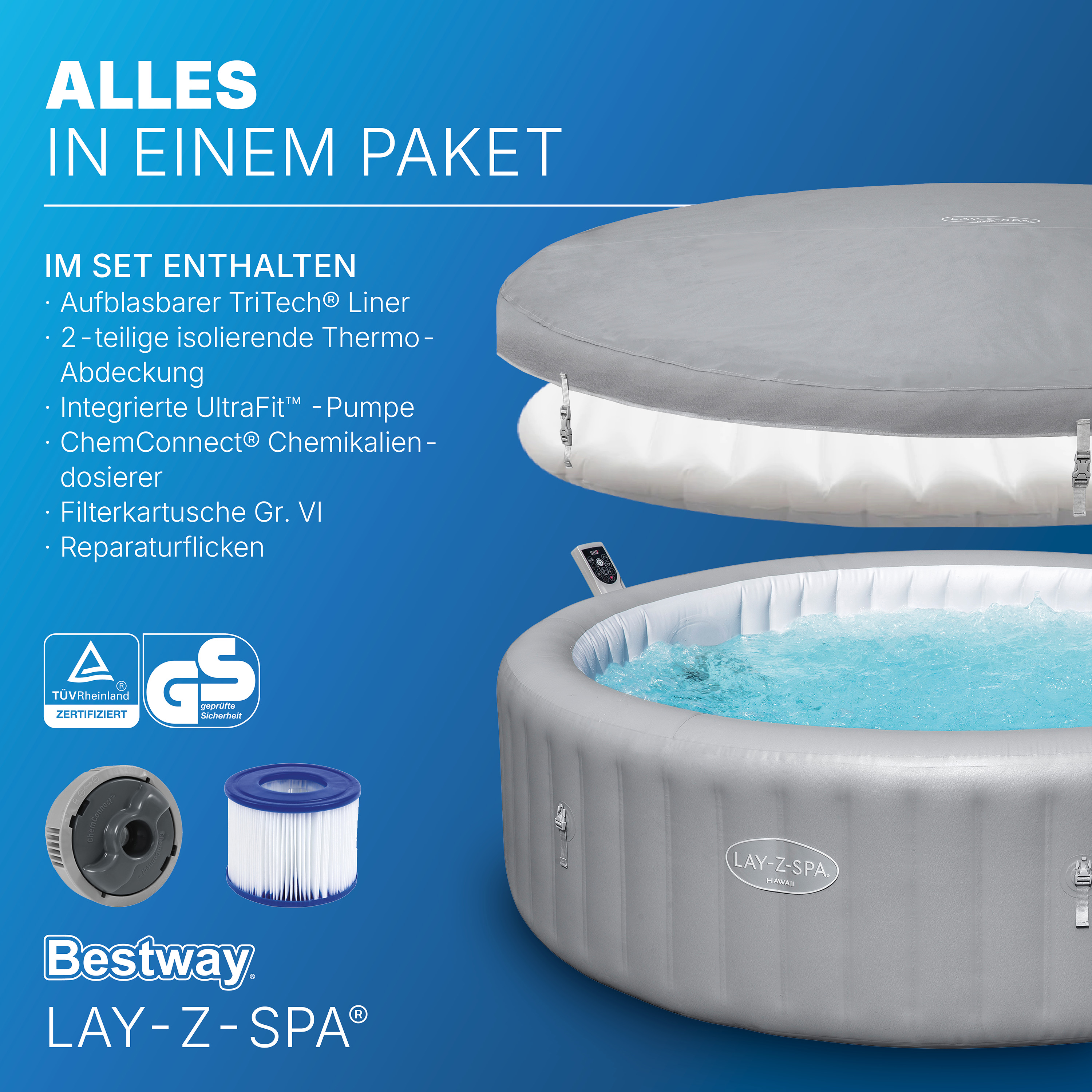 LAY-Z-SPA® Energiespar Whirlpool Hawaii AirJet™ mit App Steuerung, für 8 Personen Ø 236 x 71 cm, Silbergrau