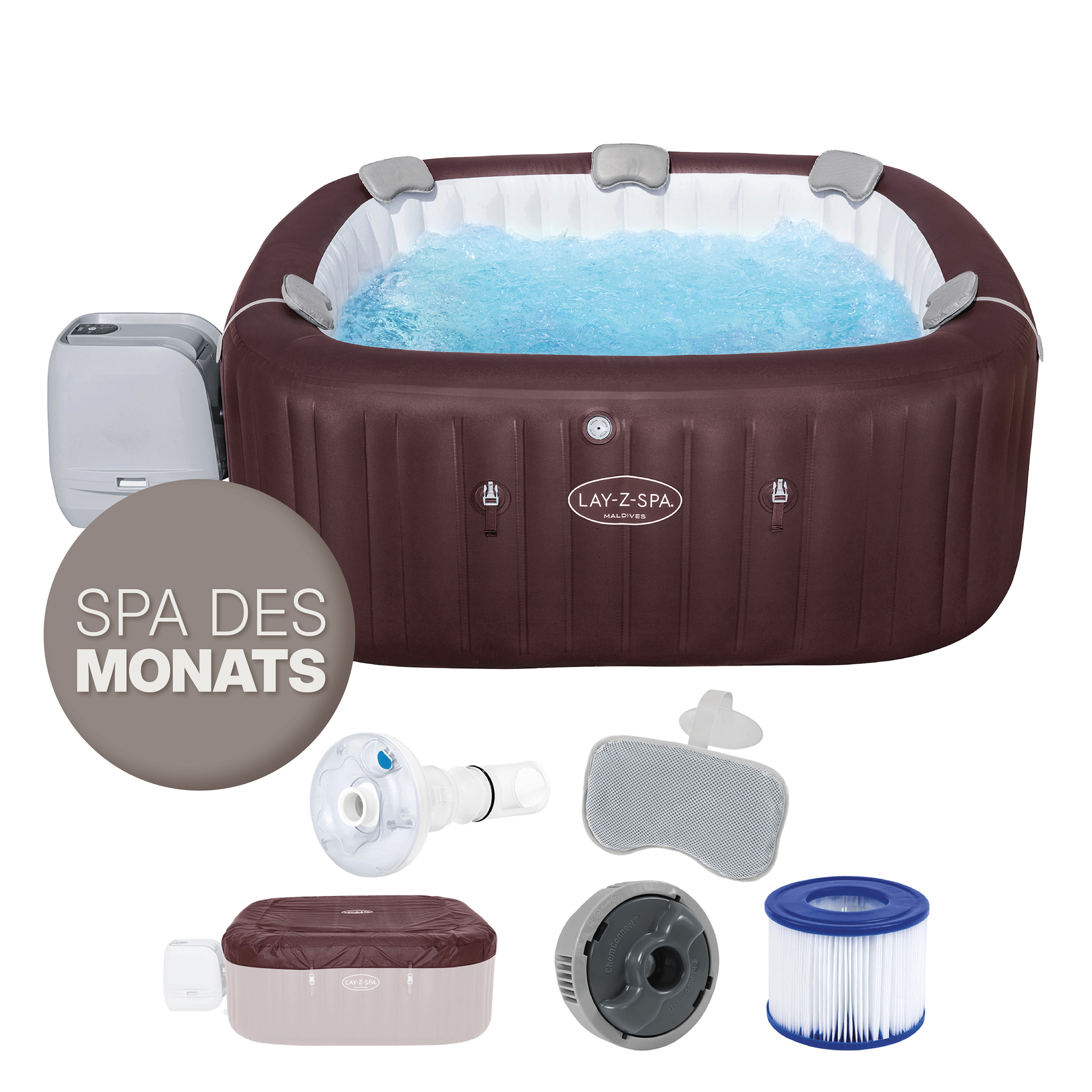 LAY-Z-SPA® Energiespar Whirlpool Maldives HydroJet Pro™ mit App-Steuerung, für 7 Personen 201 x 201 x 80 cm, Mahagoni