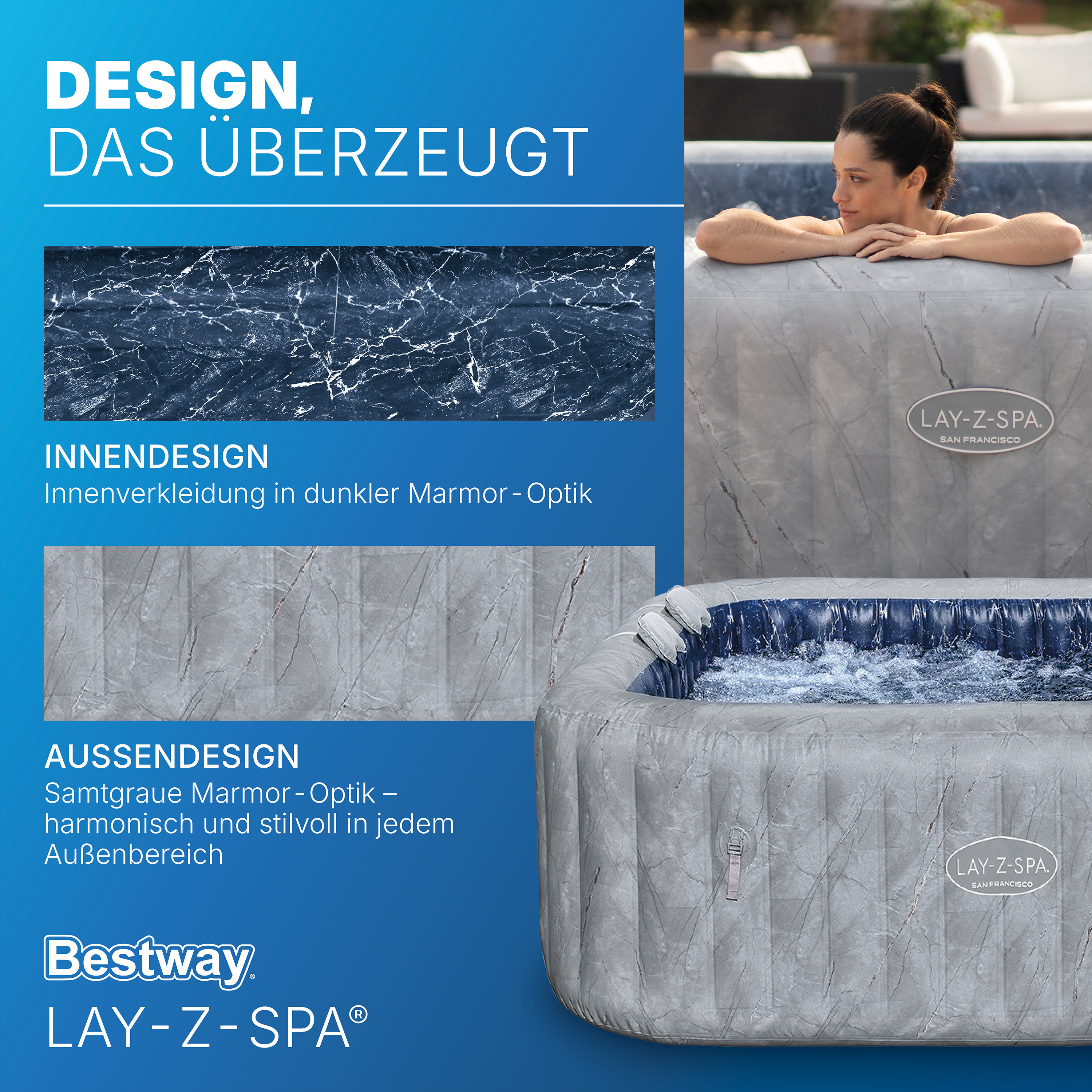 LAY-Z-SPA® WLAN-Whirlpool San Francisco HydroJet Pro™ mit App-Steuerung, für 7 Personen 230 x 230 x 71 cm, Marmor-Optik (Samtgrau)