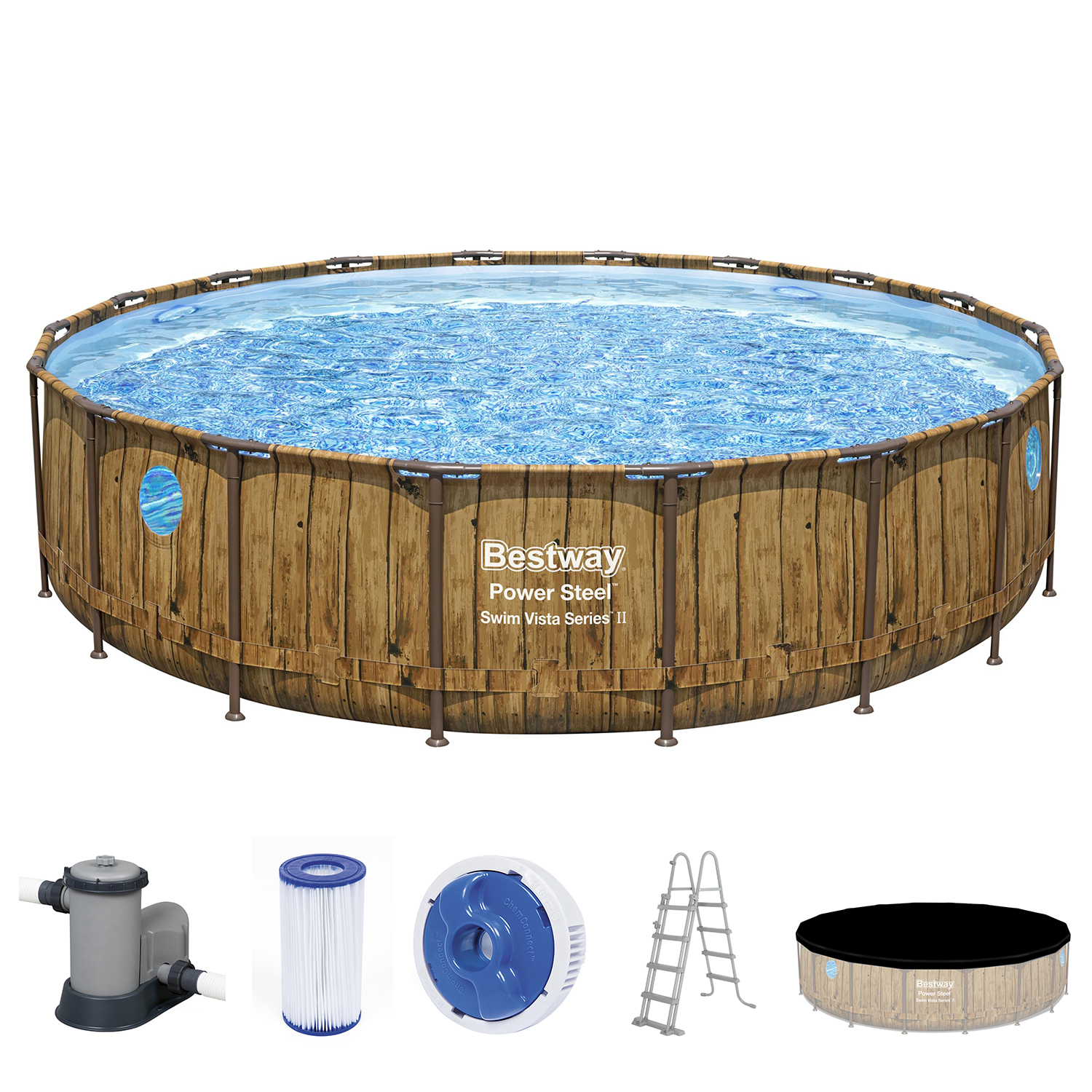 Power Steel™ Swim Vista Series™ Frame Pool Komplett-Set mit Filterpumpe Ø 488 x 122 cm, Holz-Optik (Pinie), rund