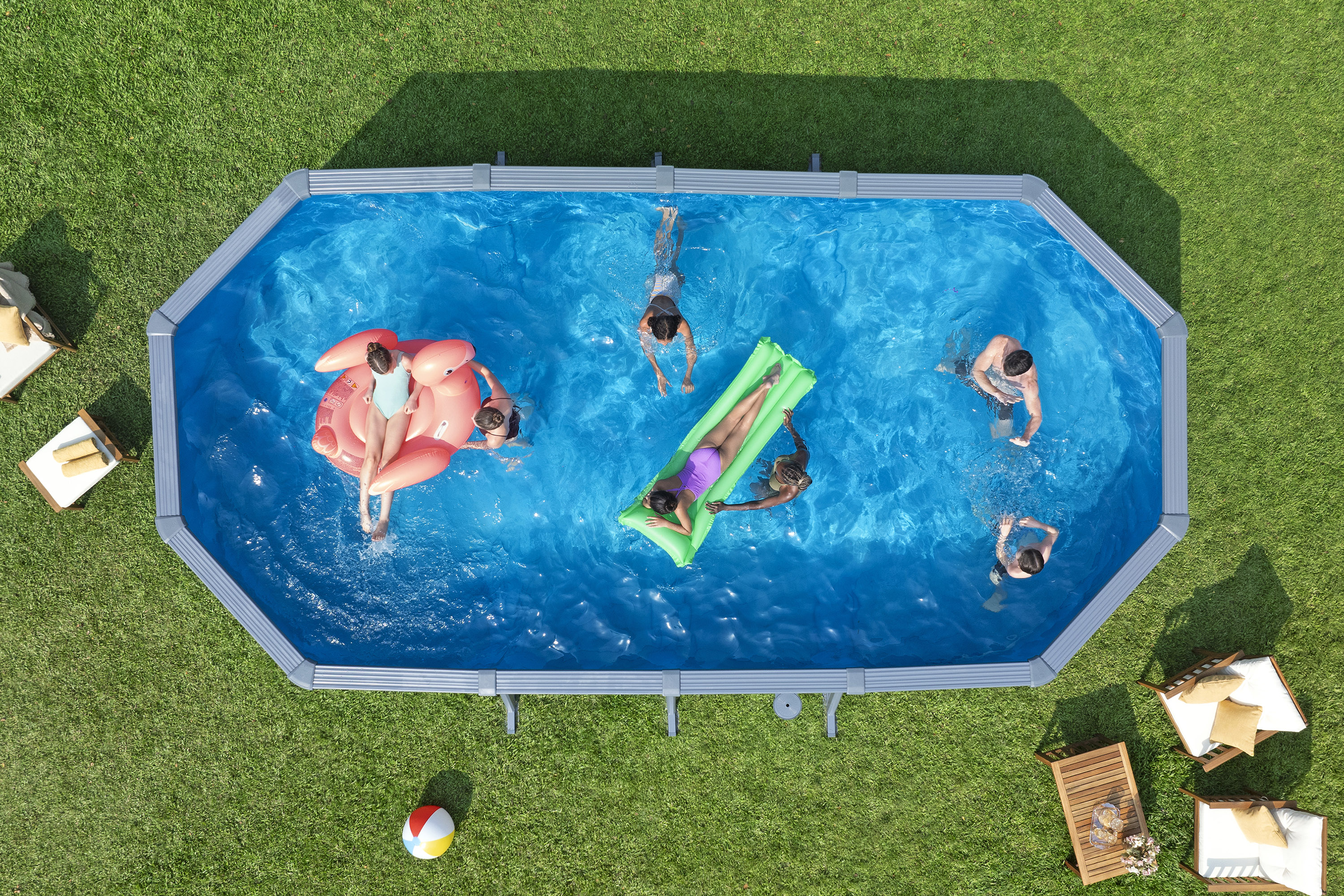 Hydrium™ Stahlwandpool Komplett Set mit Sandfilteranlage 732 x 366 x 132 cm, Holz Optik (Grau), oval