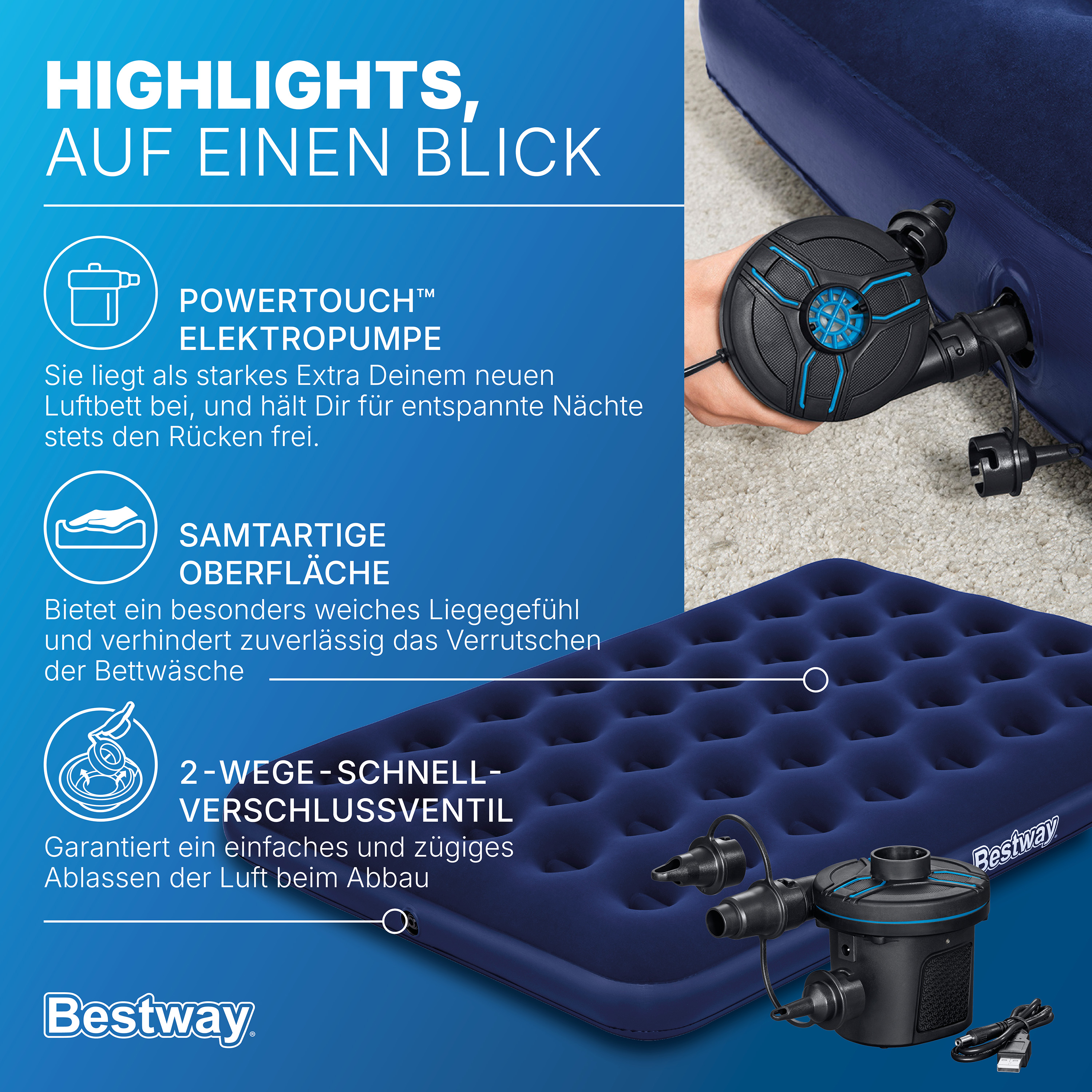 Doppelluftbett mit externer Elektropumpe 191 x 137 x 22 cm