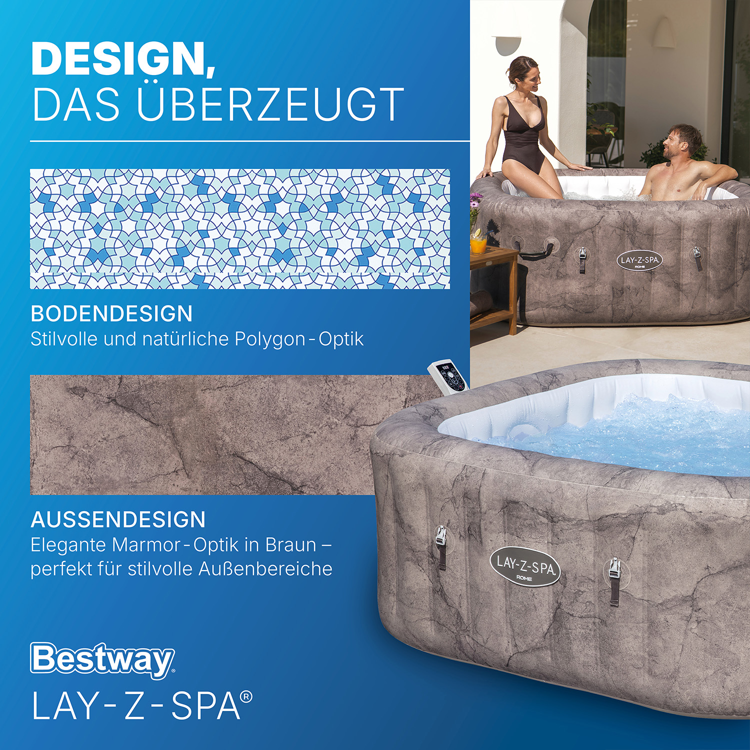 LAY-Z-SPA® Energiespar Whirlpool Rome AirJet™ mit App-Steuerung, für 6 Personen, 180 x 180 x 71 cm, Marmor-Optik (Braun) LAY-Z-SPA® Energiespar Whirlpool Rome AirJet™ mit App-Steuerung, für 6 Personen, 180 x 180 x 71 cm, Marmor-Optik (Braun)