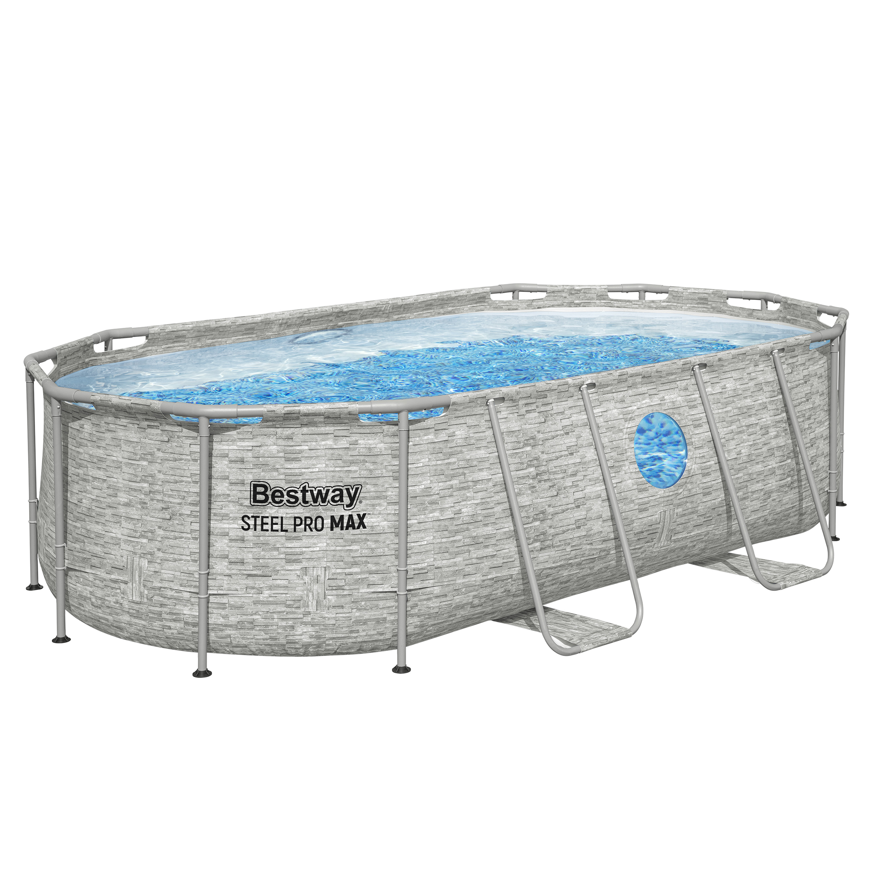 Steel Pro MAX™ Splashview™ Solo Pool ohne Zubehör 427 x 250 x 100 cm, Steinwand-Optik (Cremegrau), oval