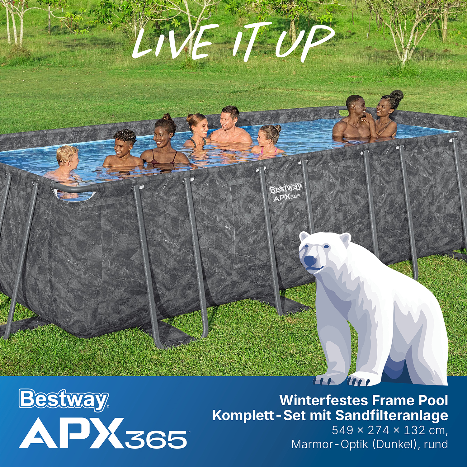 APX365™ Winterfestes Frame Pool Komplett-Set mit Sandfilteranlage 549 x 274 x 132 cm, Marmor-Optik (Dunkel), eckig