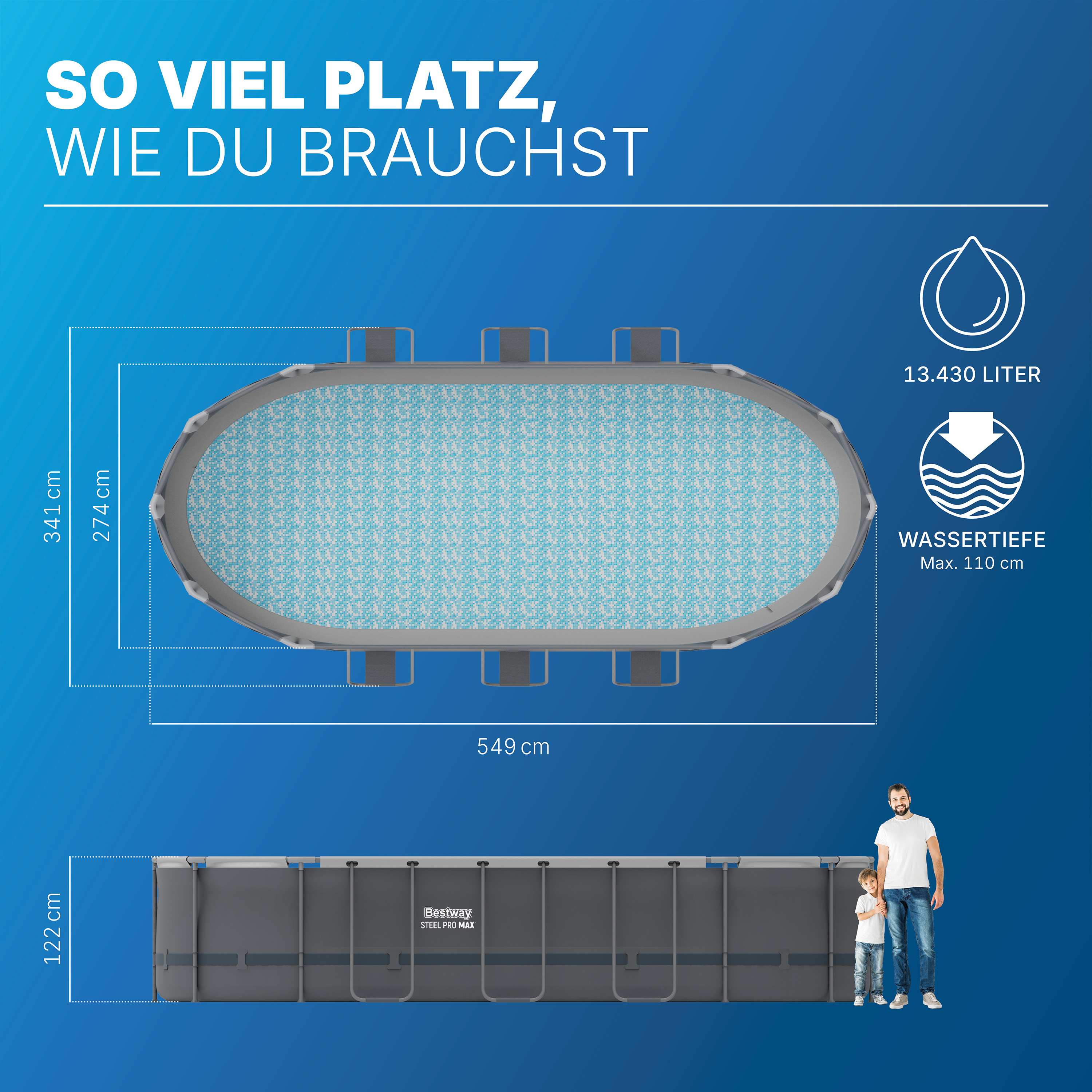 Steel Pro MAX™ Frame Pool Komplett Set mit Filterpumpe 549 x 274 x 122 cm, grau, oval