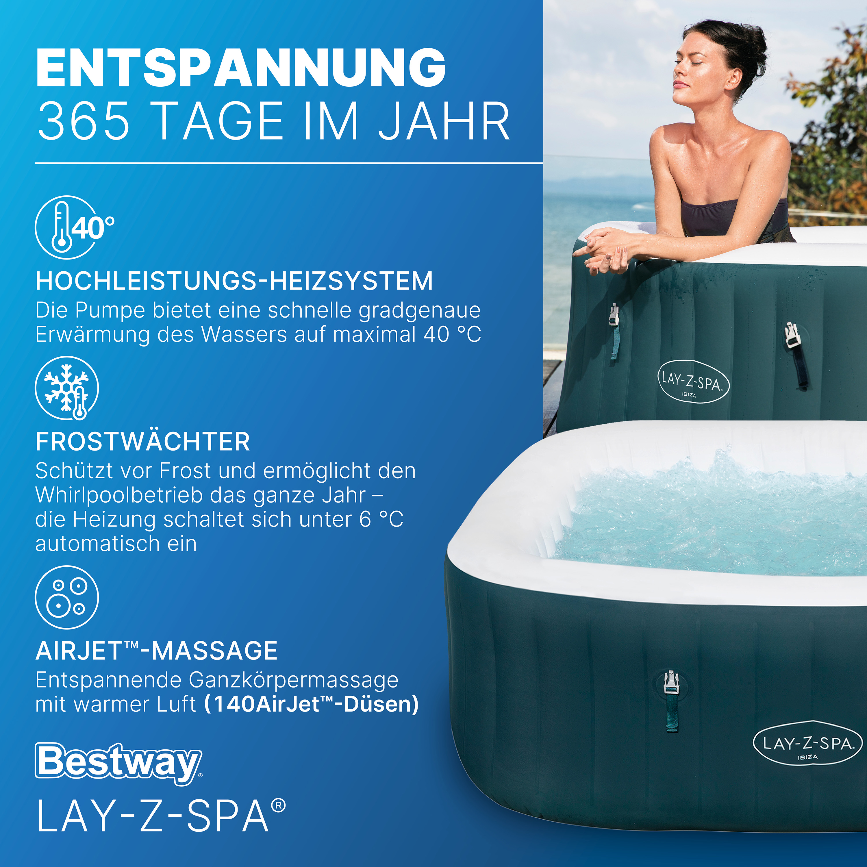 LAY-Z-SPA® Energiespar Whirlpool Ibiza AirJet™, für 4 Personen, 180 x 180 x 66 cm, Dunkelgrün
