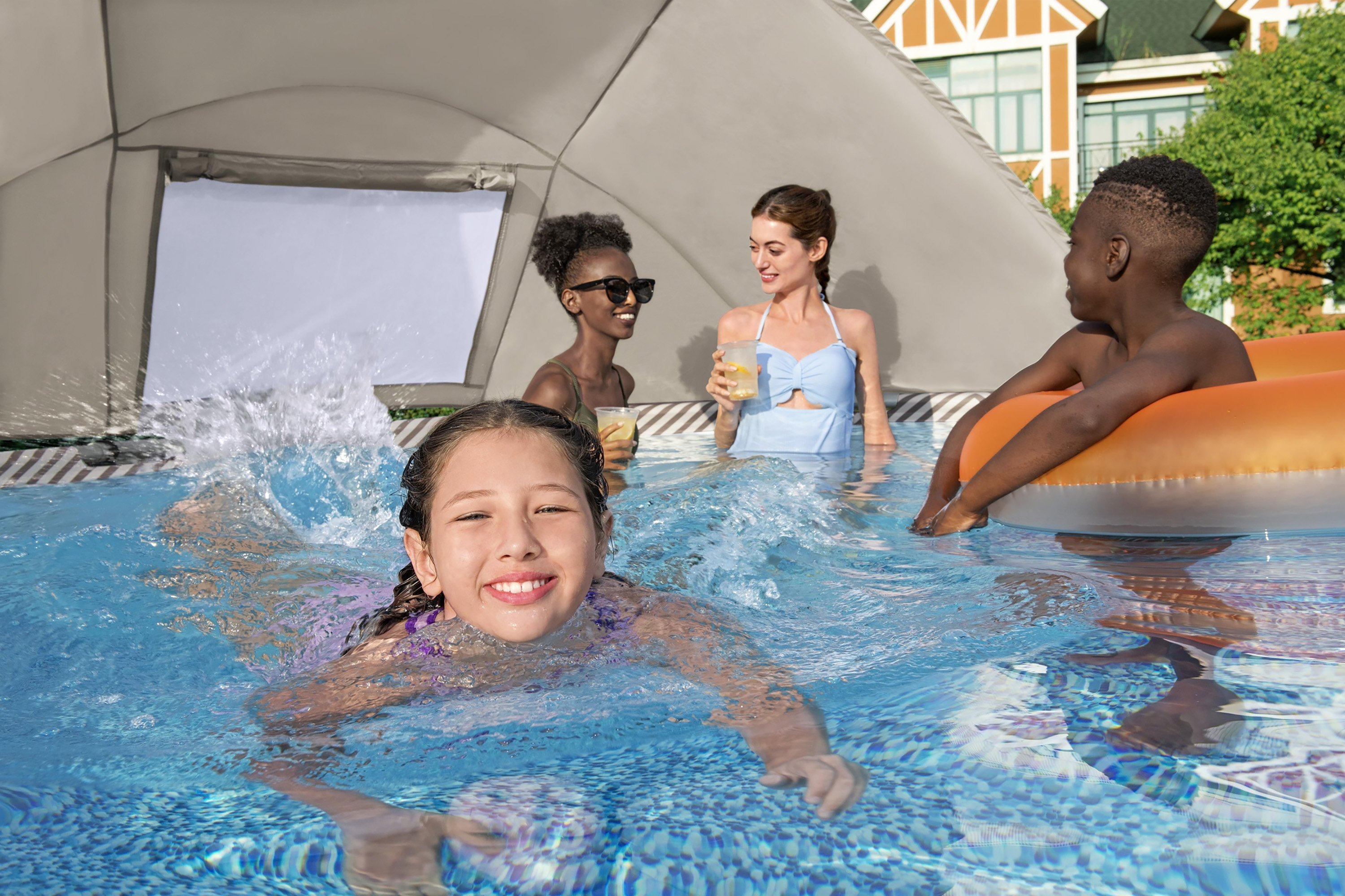 Steel Pro MAX™ Frame Pool Komplett Set mit Filterpumpe Ø 396 x 107 cm, Op Art-Design, rund