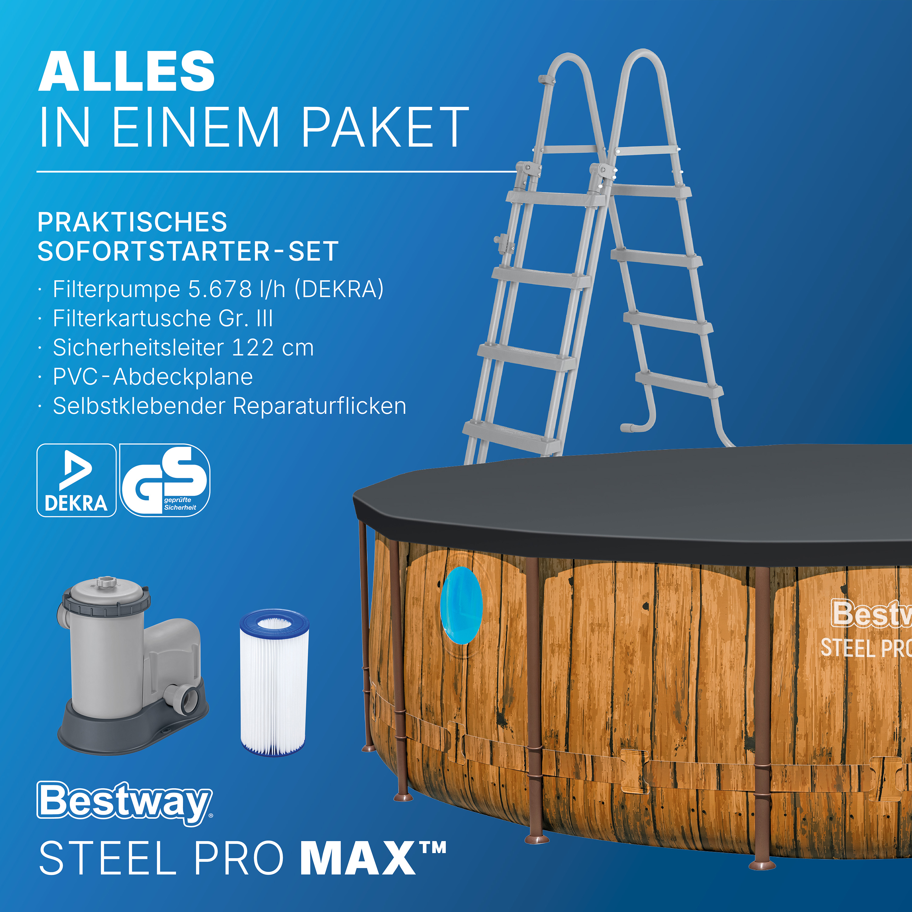 Steel Pro MAX™ Splashview™ Frame Pool Komplett Set mit Filterpumpe Ø 488 x 122 cm, Holz-Optik (Pinie), rund