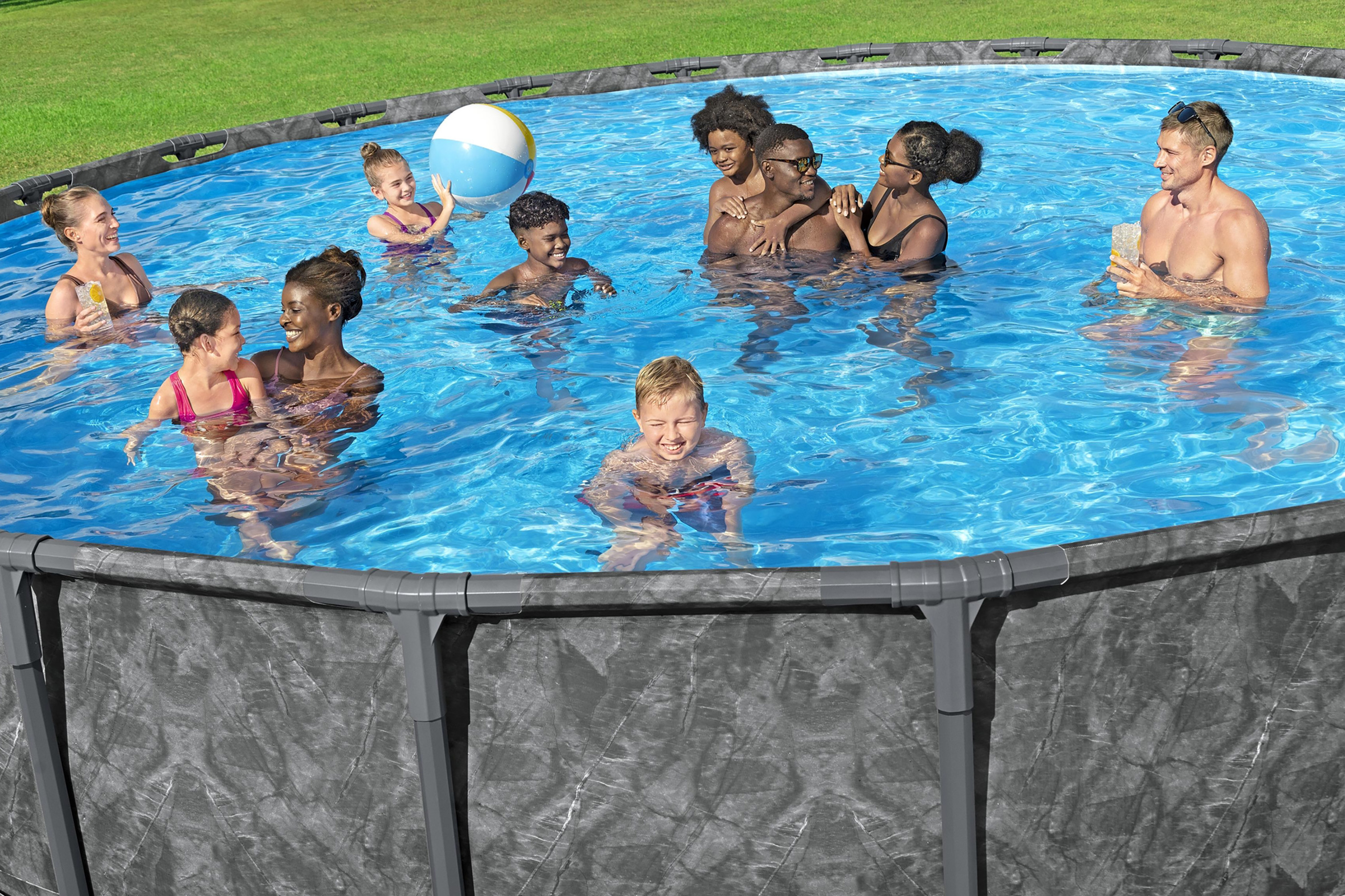 APX365™ Winterfestes Frame Pool Komplett Set mit Sandfilteranlage Ø 671 x 132 cm, Marmor-Optik (Dunkel), rund