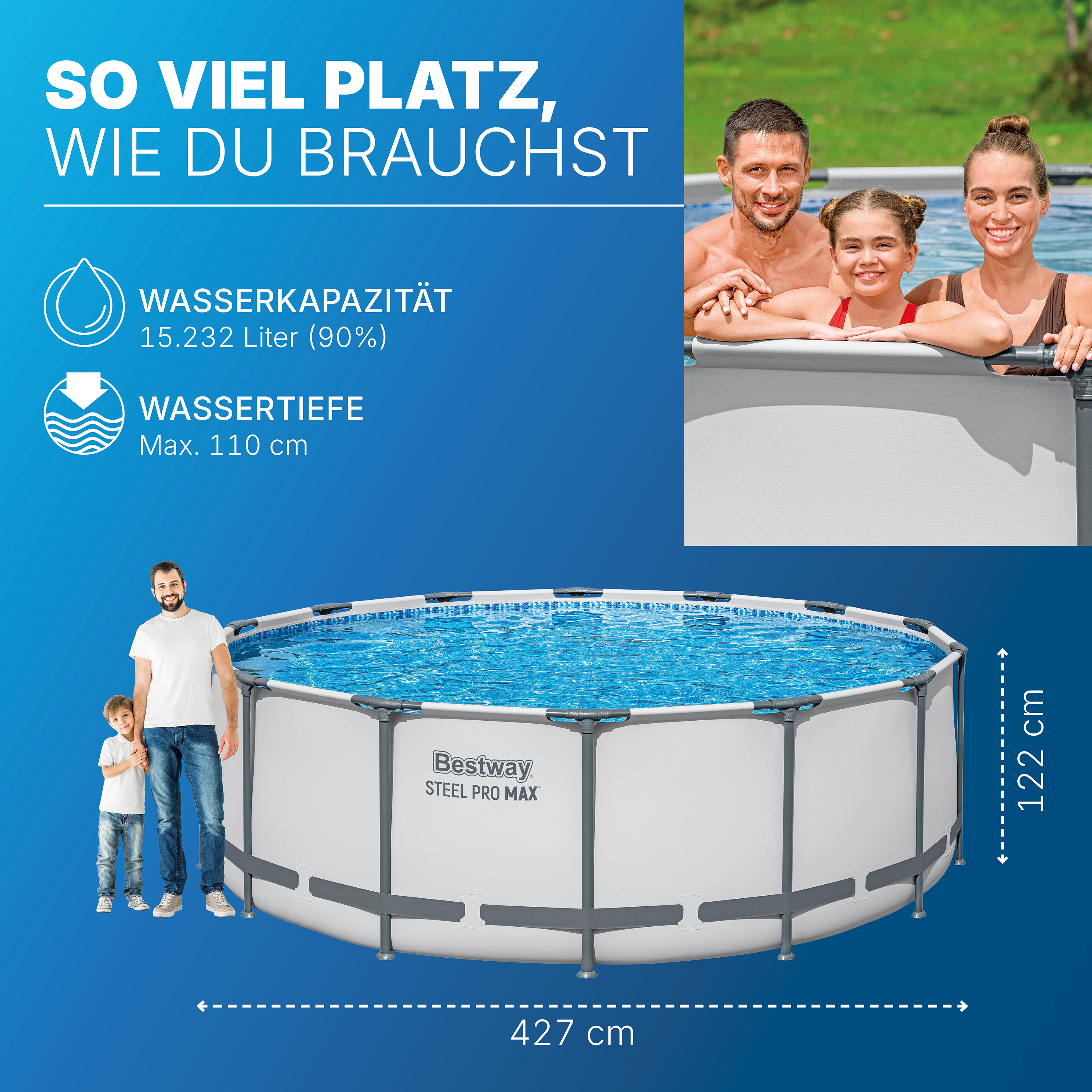 Steel Pro MAX™ Solo Pool ohne Zubehör Ø 427 x 122 cm, lichtgrau, rund Steel Pro MAX™ Solo Pool ohne Zubehör Ø 427 x 122 cm, lichtgrau, rund