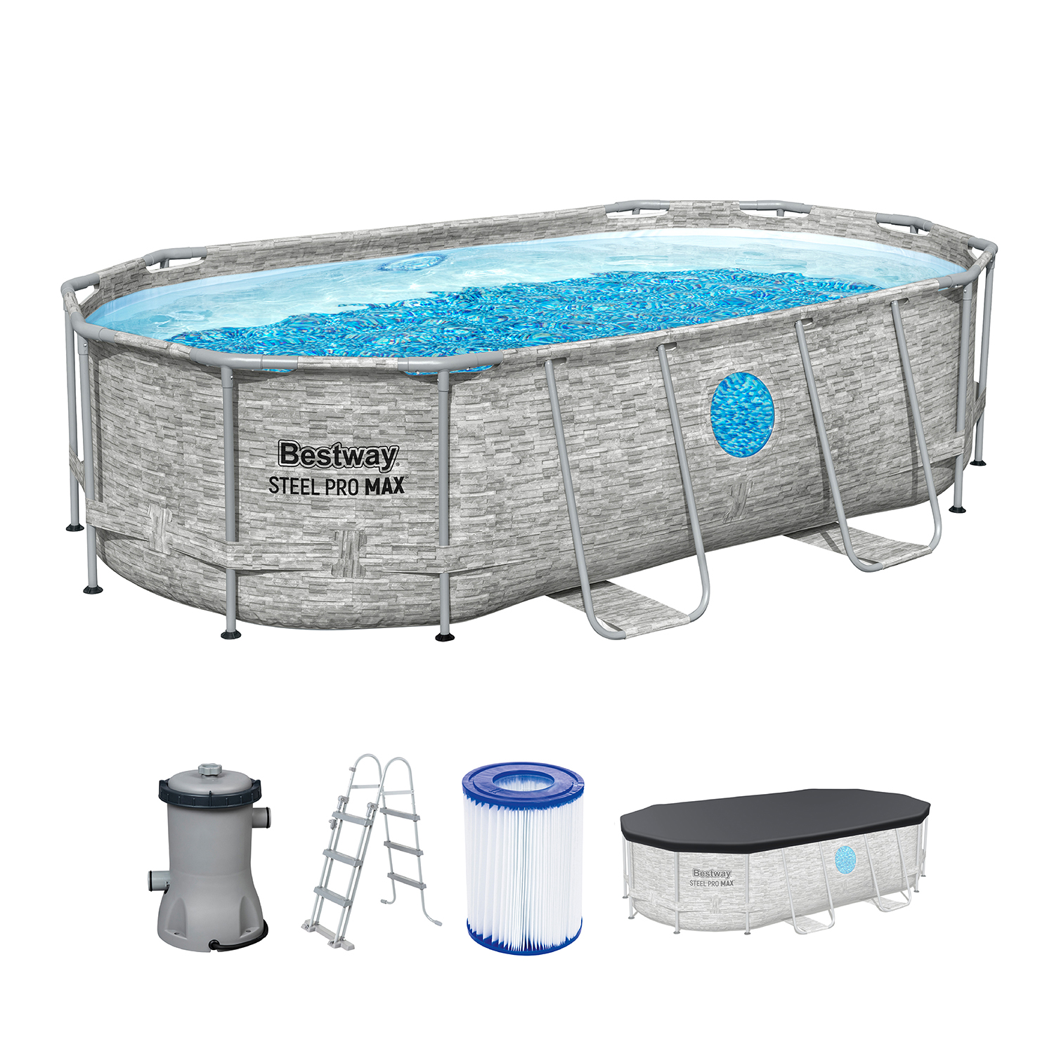 Steel Pro MAX™ Splashview™ Frame Pool Komplett Set mit Filterpumpe 427 x 250 x 100 cm, Steinwand-Optik (Cremegrau), oval