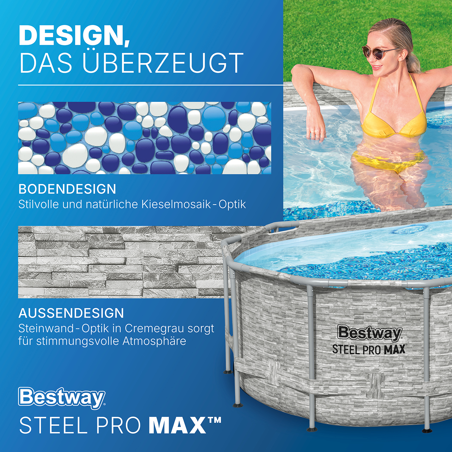 Steel Pro MAX™ Splashview™ Frame Pool Komplett Set mit Filterpumpe 427 x 250 x 100 cm, Steinwand-Optik (Cremegrau), oval
