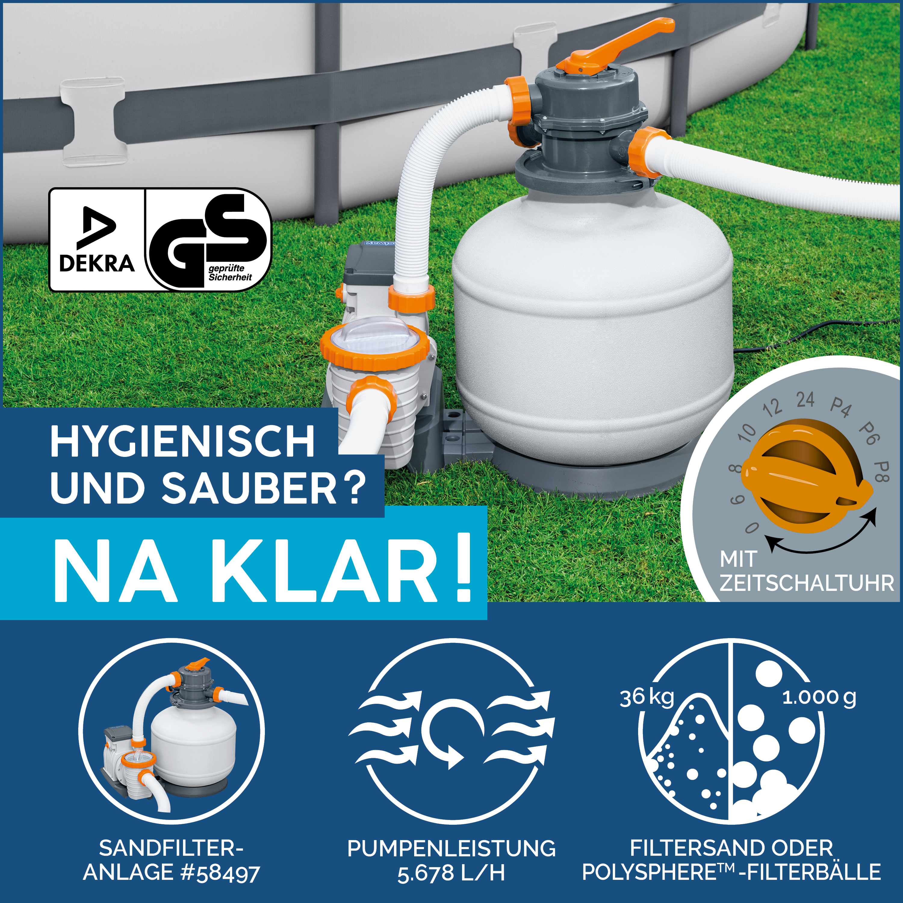 Power Steel™ Frame Pool Komplett Set mit Sandfilteranlage 640 x 274 x 132 cm, grau, eckig