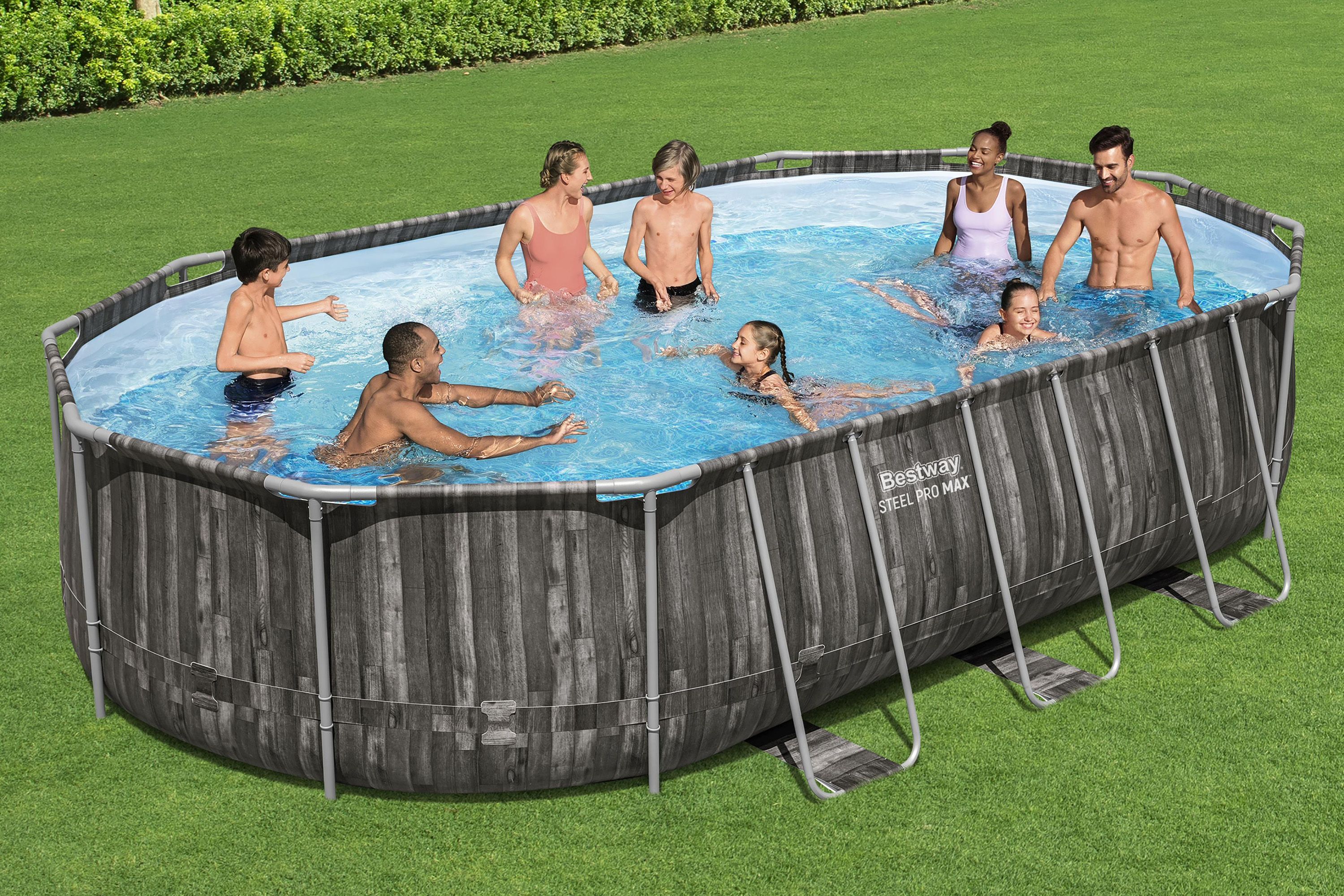 Steel Pro MAX™ Frame Pool Komplett Set mit Filterpumpe 610 x 366 x 122 cm , Holz-Optik (Mooreiche), oval