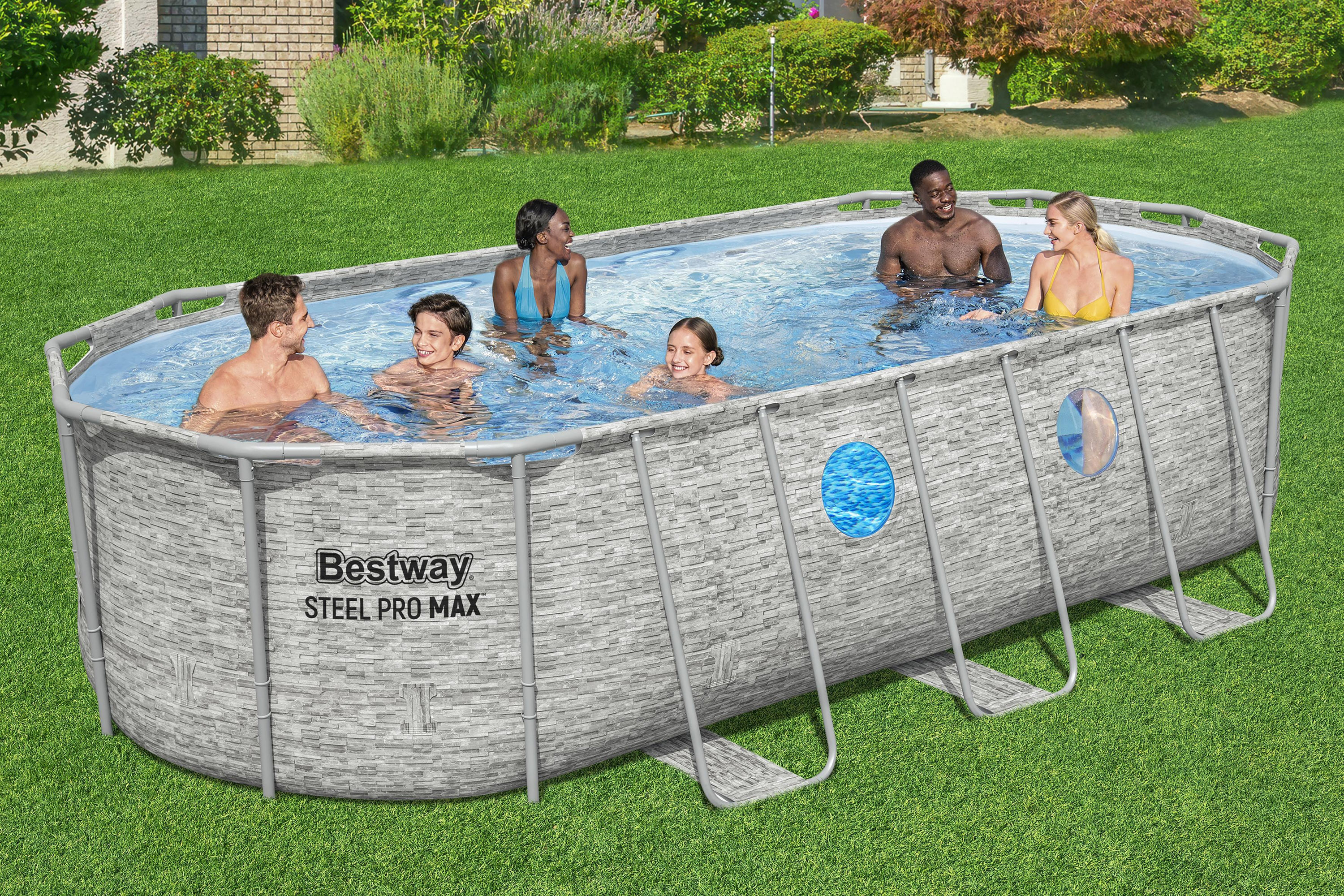 Steel Pro MAX™ Splashview™ Frame Pool Komplett Set mit Filterpumpe 549 x 274 x 122 cm, Steinwand-Optik (Cremegrau), oval