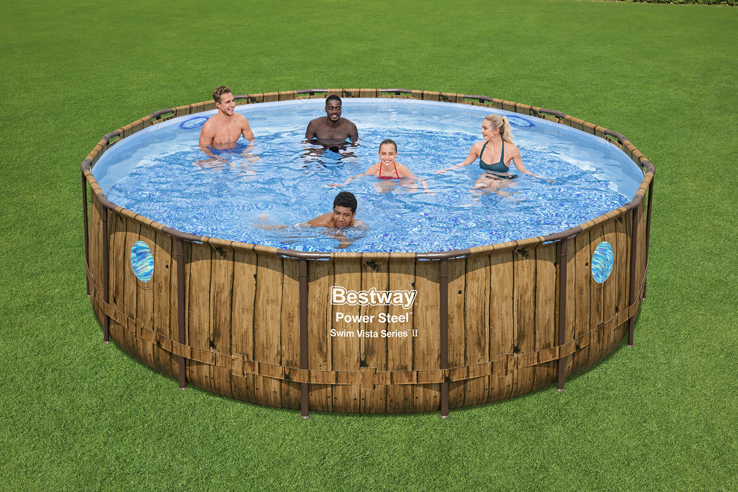 Power Steel™ Swim Vista Series™ Frame Pool Komplett-Set mit Filterpumpe Ø 488 x 122 cm, Holz-Optik (Pinie), rund