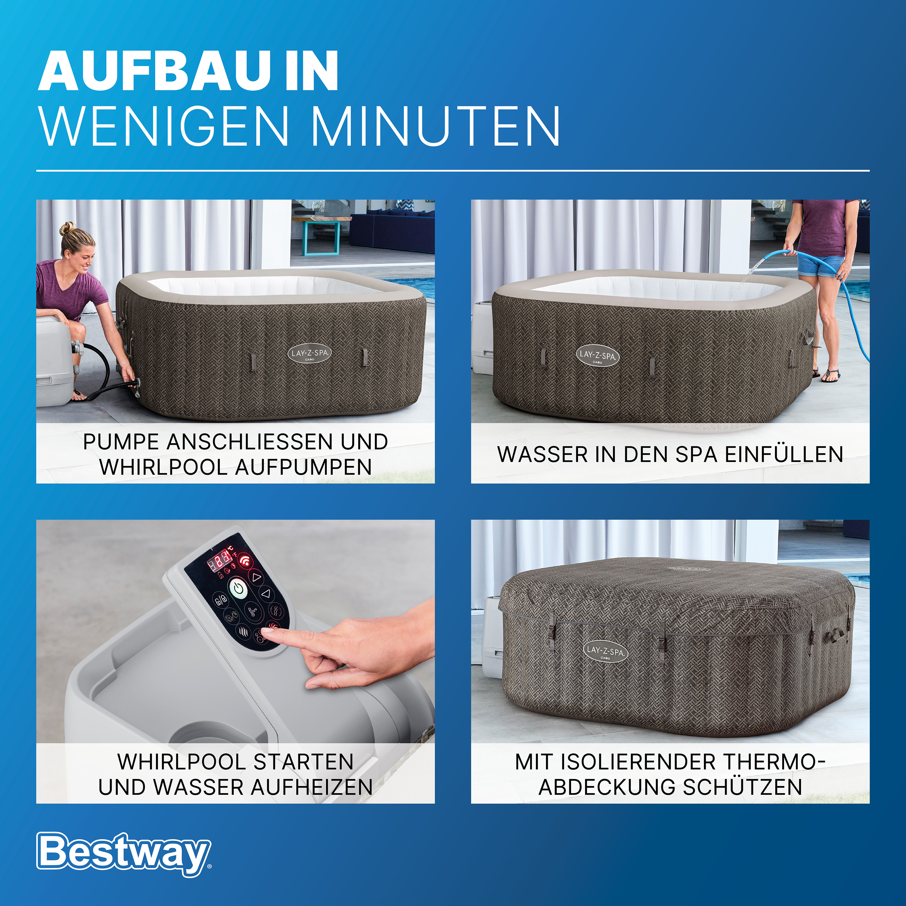 LAY-Z-SPA® Energiespar Whirlpool Cabo HydroJet™ mit App-Steuerung, für 6 Personen, 180 x 180 x 71 cm, Kreuzgeflecht-Optik (Eichengrau)