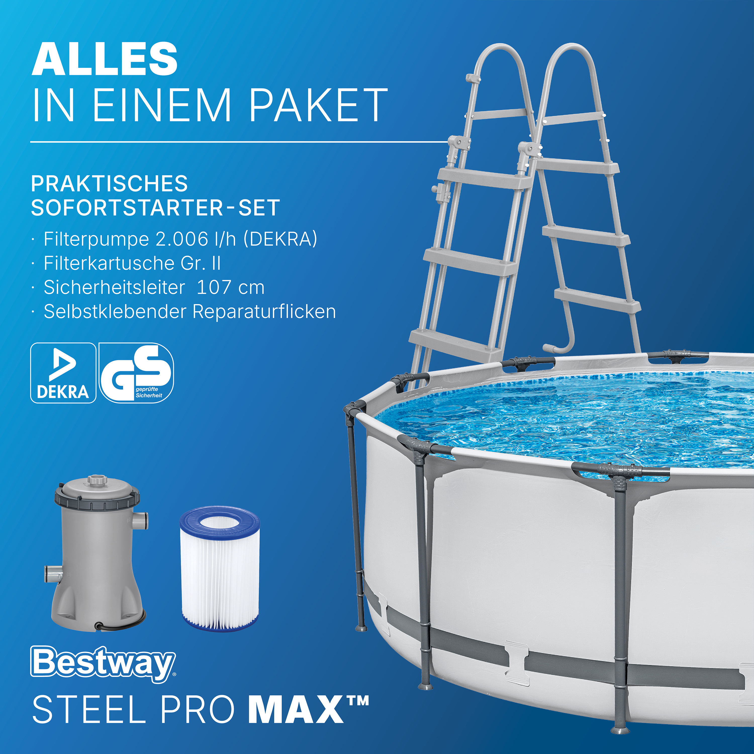 Steel Pro MAX™ Frame Pool Set mit Filterpumpe Ø 366 x 100 cm, lichtgrau, rund