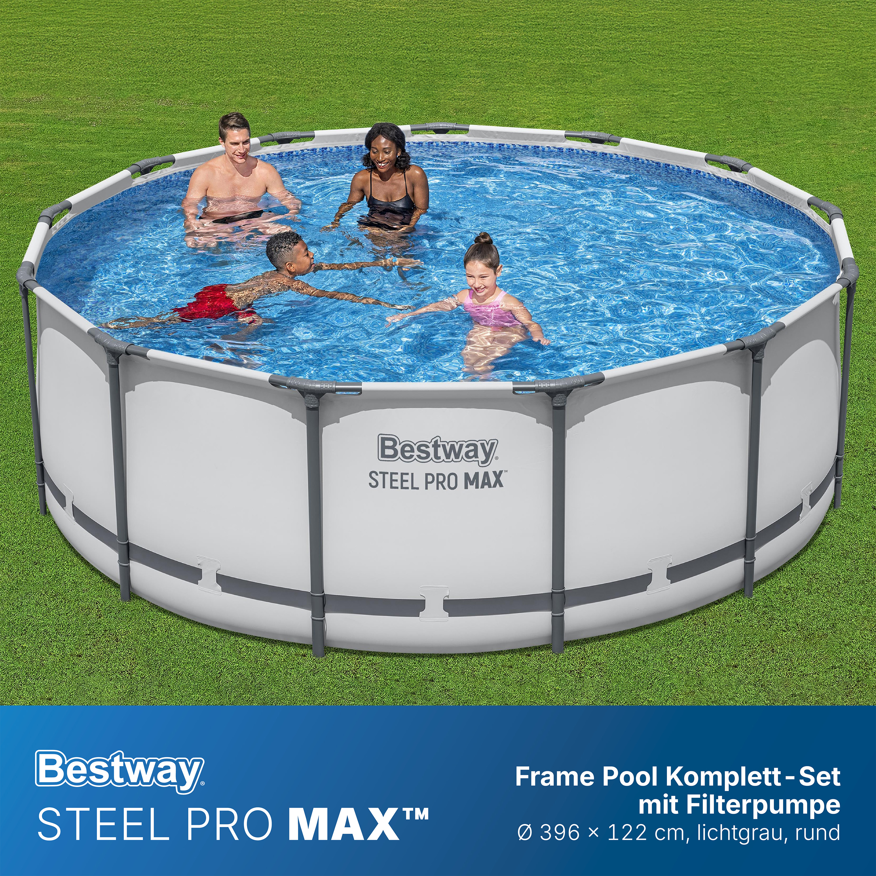 Steel Pro MAX™ Frame Pool  Komplett Set mit Filterpumpe Ø 396 x 122 cm, lichtgrau, rund