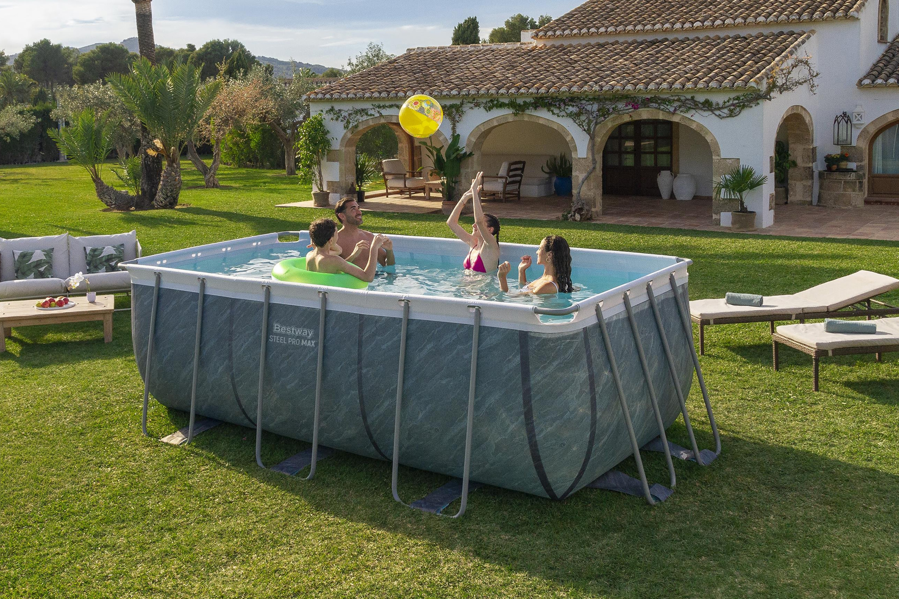 Steel Pro MAX™ Frame Pool Set mit Filterpumpe 412 x 201 x 122 cm, Marmor-Optik (Schiefergrau), eckig