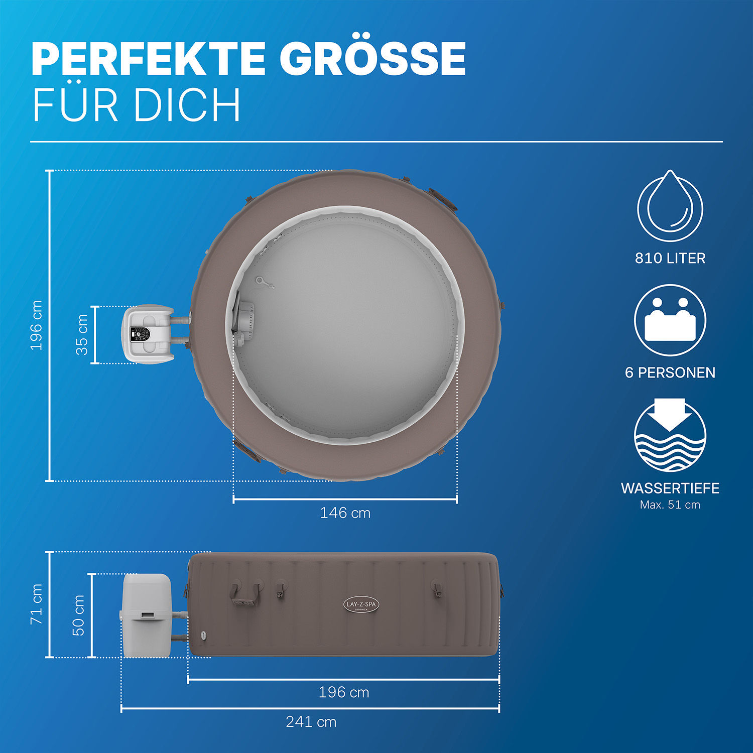 LAY-Z-SPA® Energiespar Whirlpool Dominica HydroJet™ mit App-Steuerung, für 6 Personen Ø 196 x 71 cm, Urbanbraun