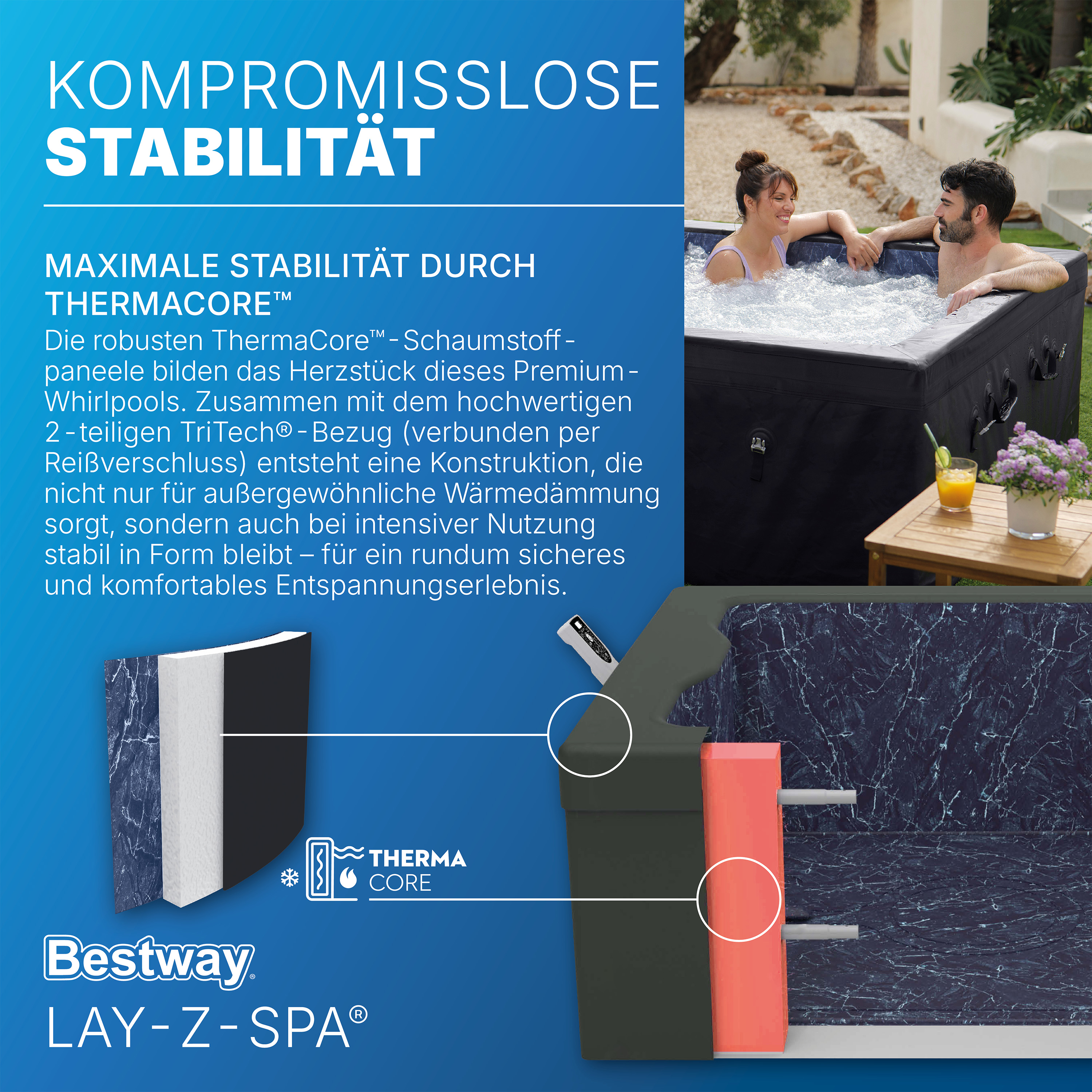 LAY-Z-SPA® ThermaCore™ WLAN-Whirlpool Stockholm AirJet™ mit App-Steuerung, für 6 Personen, 164 x 164 x 65 cm, eckig