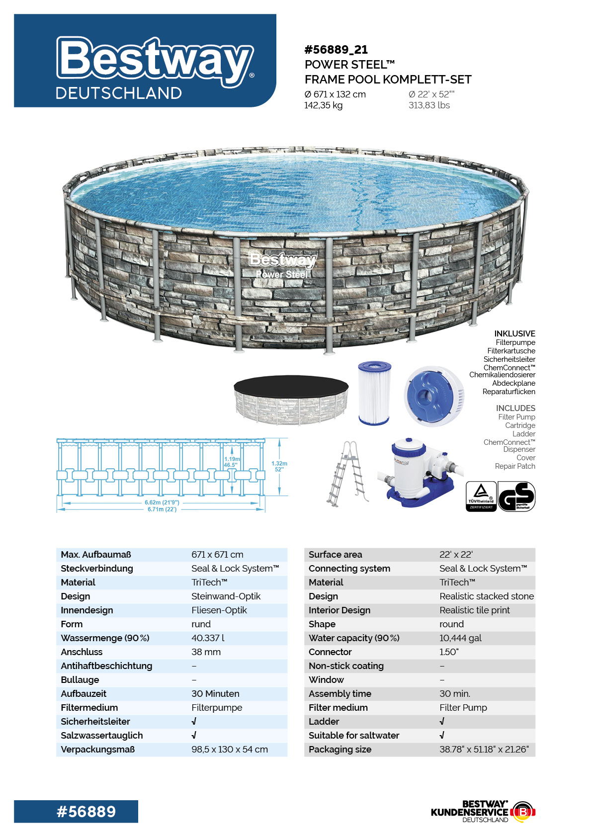 Power Steel™ Frame Pool Komplett-Set mit Filterpumpe Ø 671 x 132 cm Steinwand-Optik (Naturstein), rund