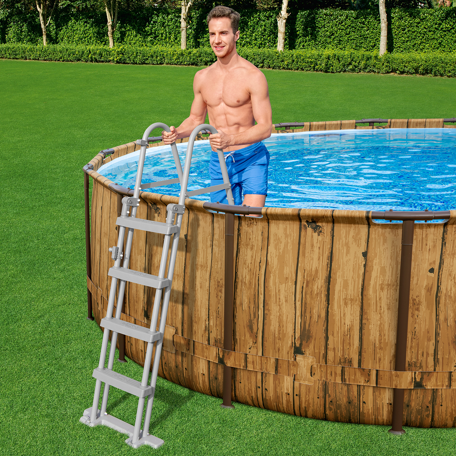 Steel Pro MAX™ Splashview™ Frame Pool Komplett-Set mit Filterpumpe Ø 488 x 122 cm, Holz-Optik (Pinie), rund